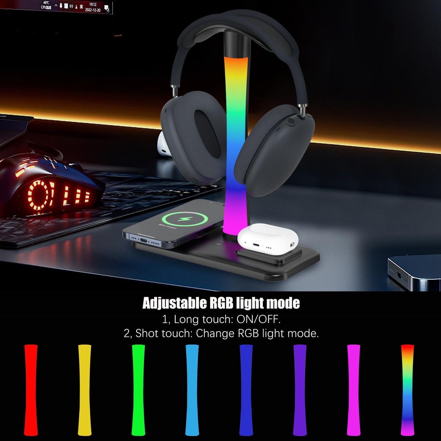 Headphone Stand with Wireless Charger,Gaming Headset Stand with RGB Light Mode,For Airpod Max Stand Compatible with Airpod Pro/3/2,For iPhone 17/16/15/14/13/12/11,Gifts for Gamers & Music Lover(Black)