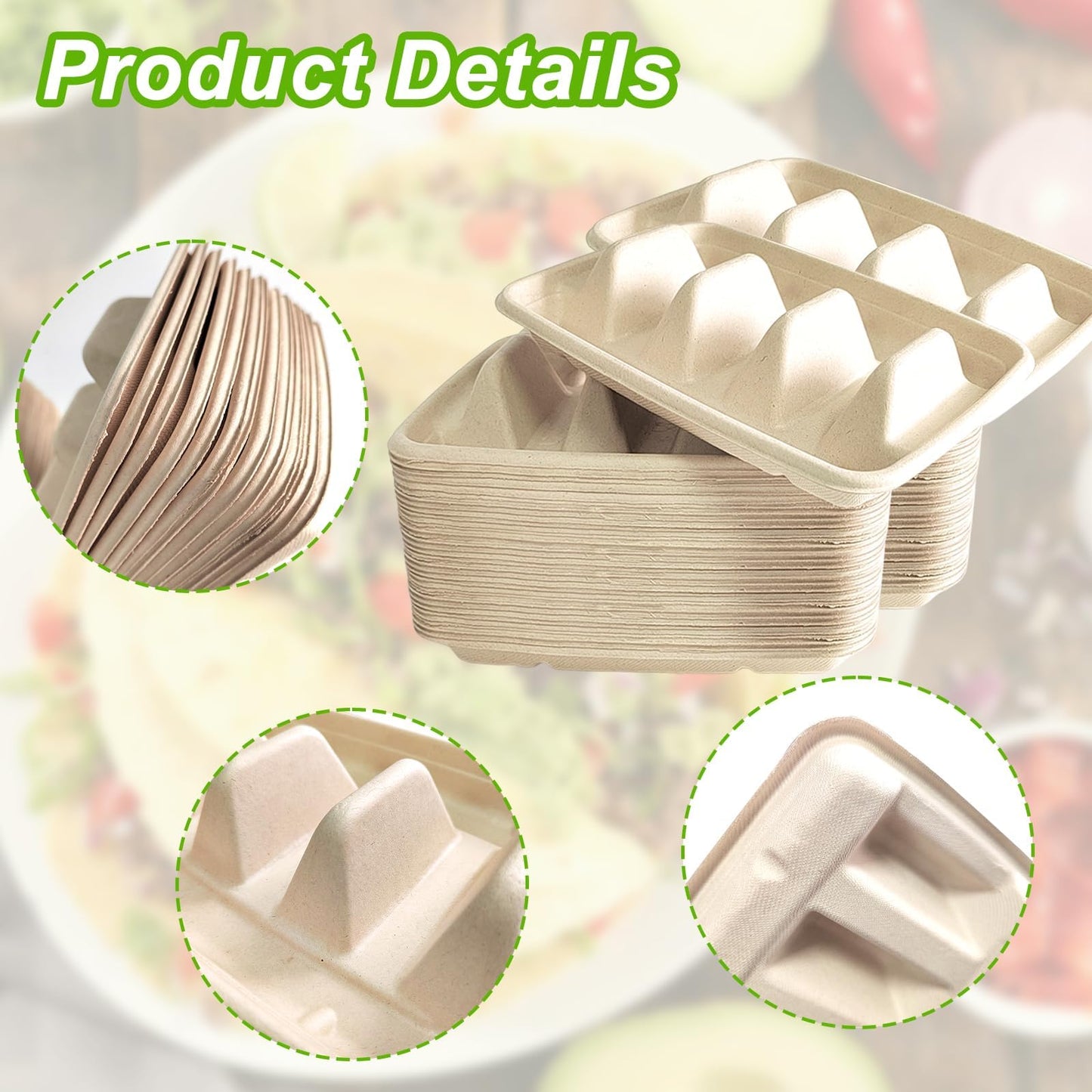 100PCS Disposable Taco Holder Stand,Disposable Taco Plates with 3 Dividers Stylish Rack Holds Up to 3 Tacos Each,Fiesta Holder for Taco Tuesday Lazy Susan Taco Bar,Food Serving Tray- Microwave Safe