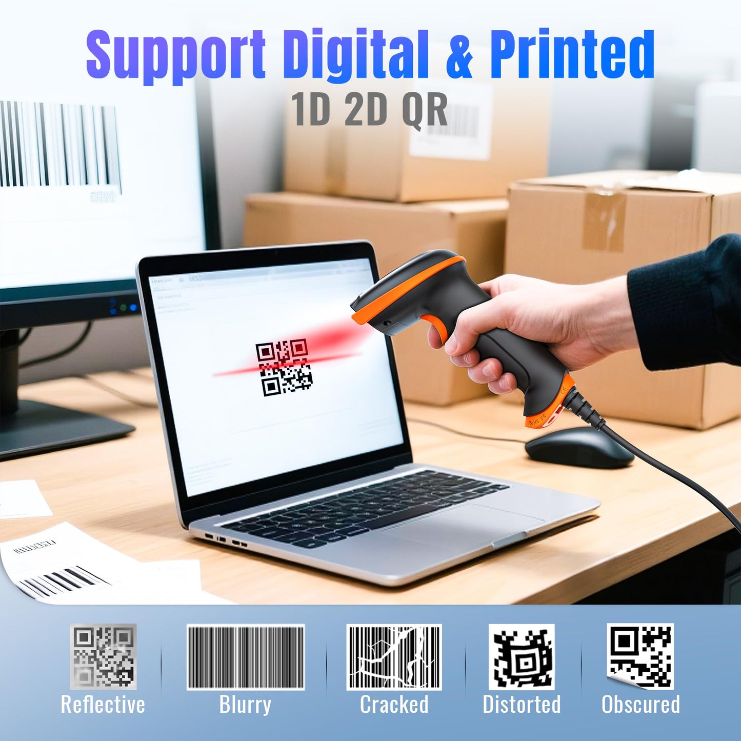Tera 1D 2D QR Barcode Scanner Wired USB Handheld Support PDF417 Data Matrix 1D Bar Code Reader for Windows Mac Linux Plug and Play for Mobile Payment Convenience Store Supermarket Warehouse D5100Y