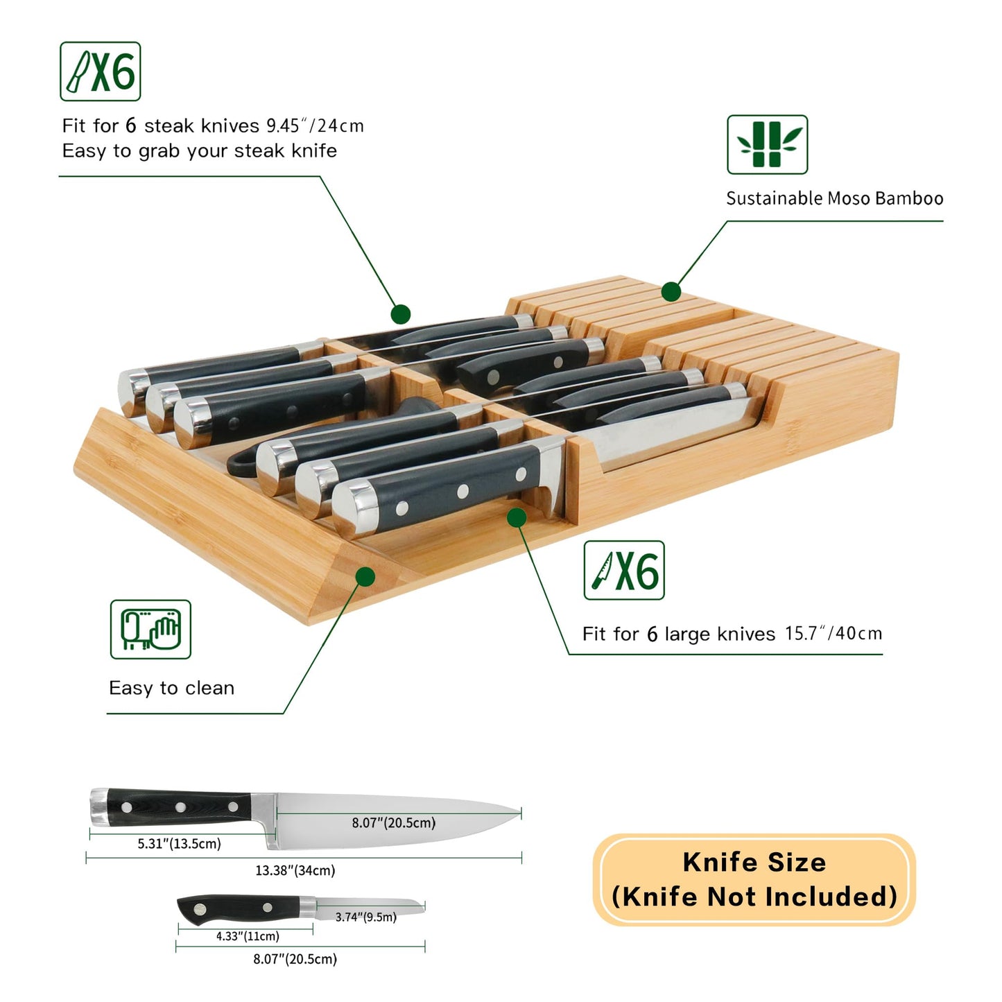 Utoplike in-Drawer Knife Block Bamboo Kitchen Knife Drawer Organizer,Large Handle Steak Knife Holder Without Knives, fit for 12 Knives and 1 Sharpening Steel