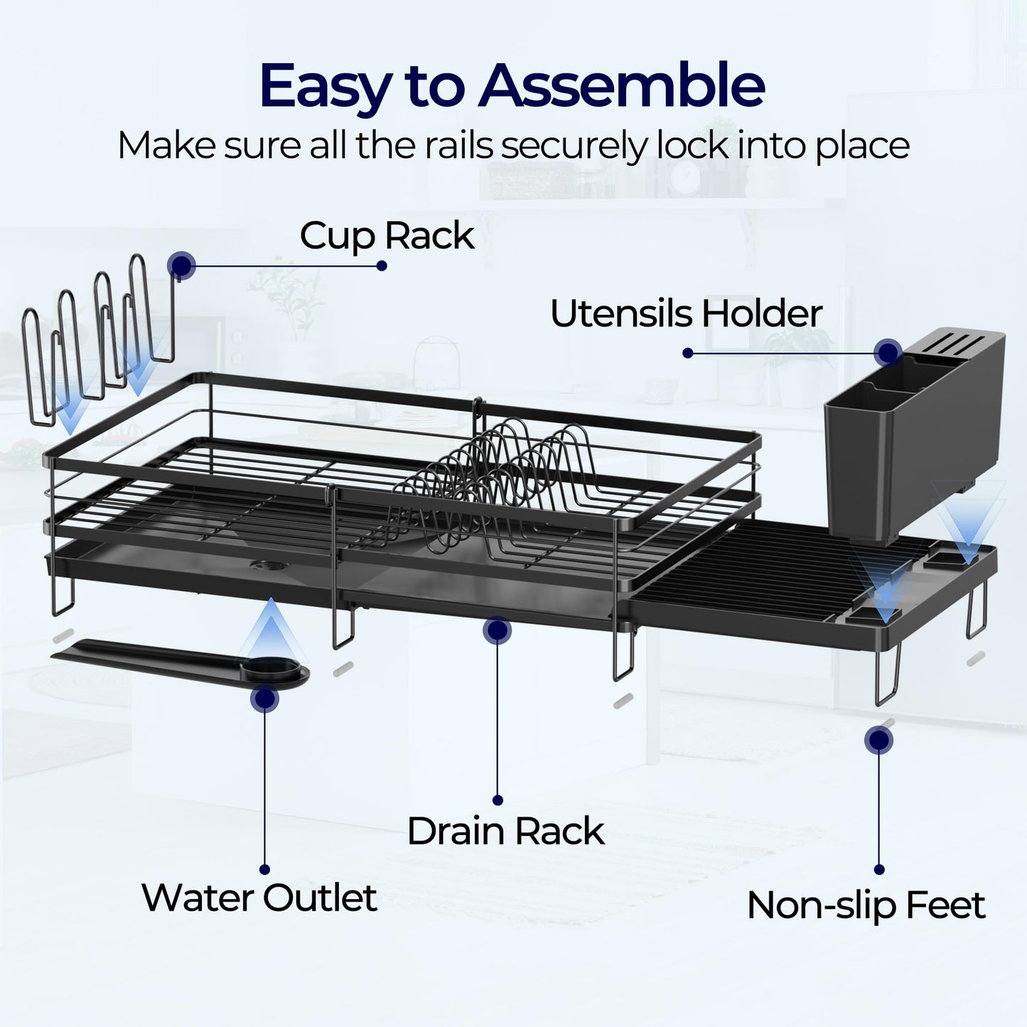 Large Dish Drying Rack - Extendable Dish Rack for Kitchen Counter, Multifunctional Dish Drainer with Drainboard Set, Dishrack with Utensil Holder & Cup Holder, 13.4"-28.7" L x 11.8" W, Black