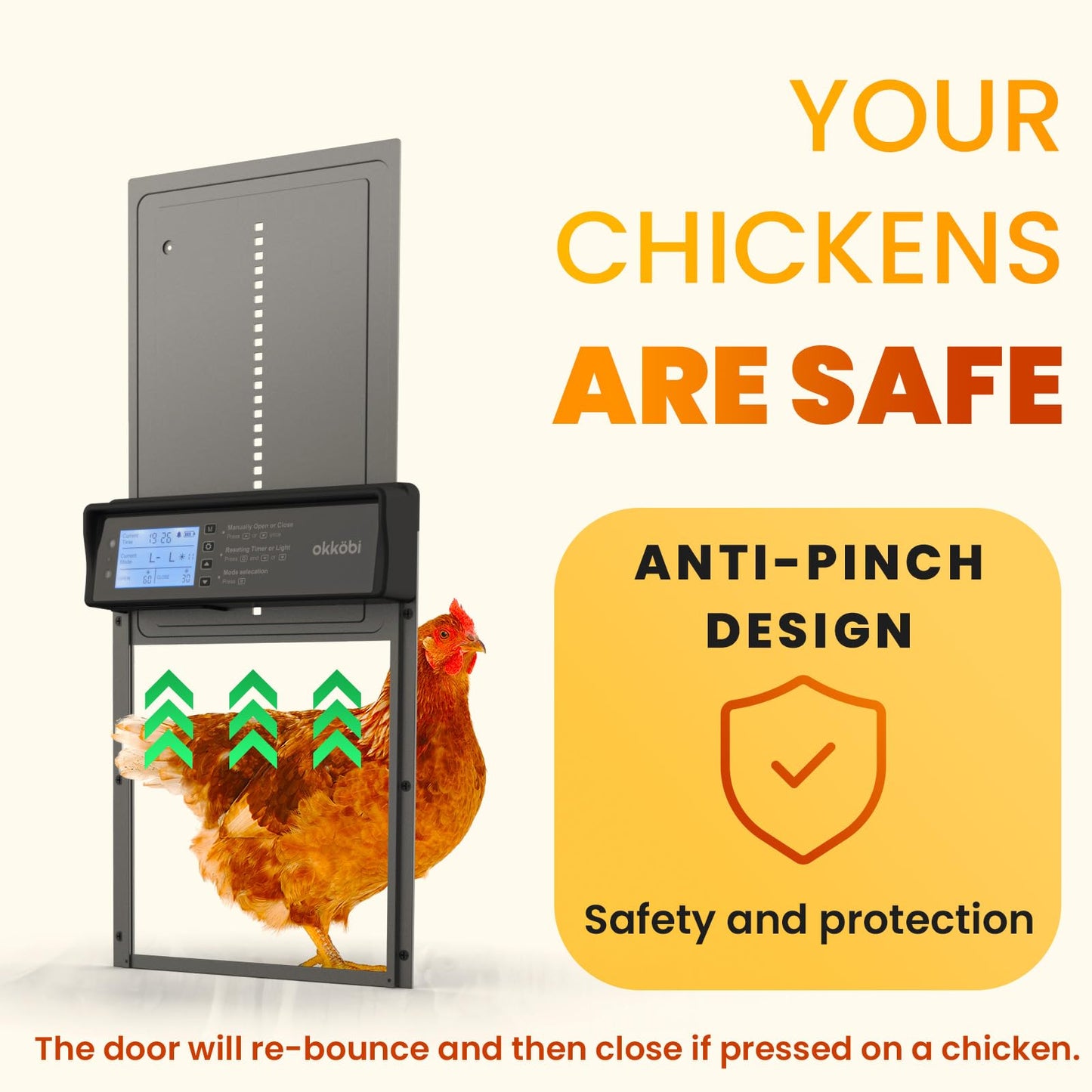 Okkobi Automatic Chicken Coop Door Solar Powered - LCD Display - Chicken Coop Door with Remote Control, Light Sensor & Timer - Security & Peace of Mind: Anti-Pinch Function - 5-Year Protection - Grey