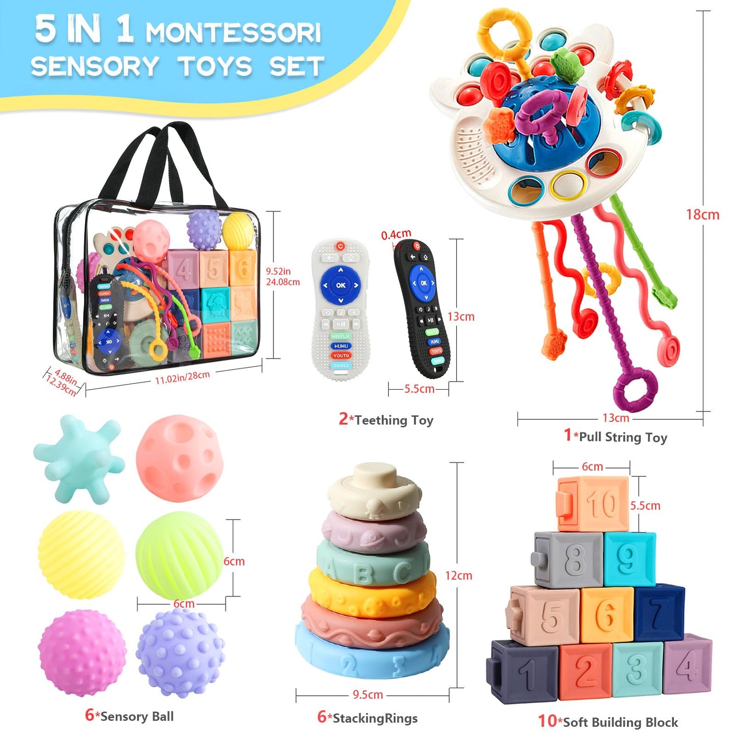 Baby Toys for 6 to12 Months, 5 in 1 Montessori Toys Set for Toddlers, Stacking Building Blocks Infant Toys,Pull String Baby Teething Toys Sensory Toys, Baby Gifts(Dinosaur Toys Car)