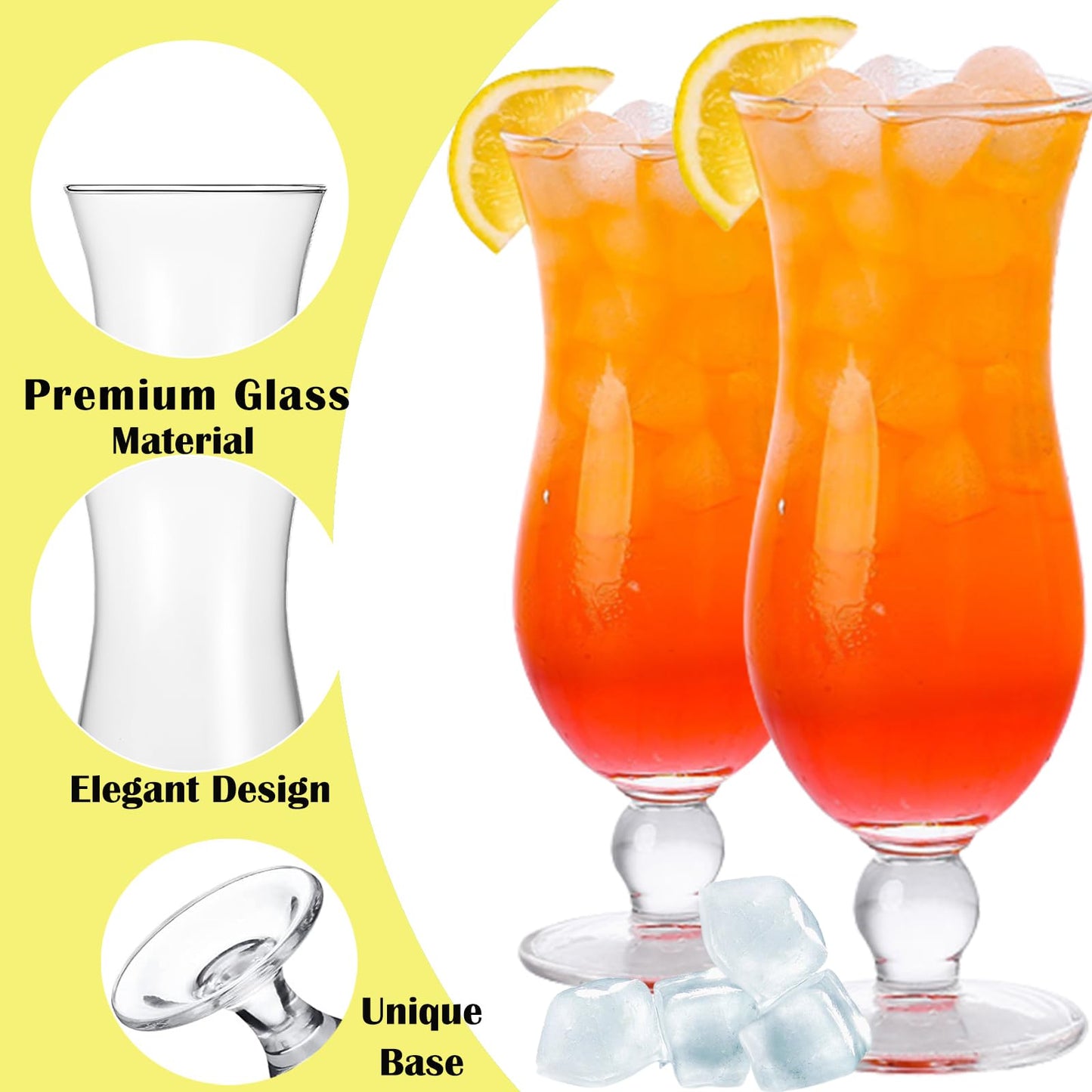 Cheardia 6 Pack Hurricane Glass, 14 oz / 400 ml Pina Colada Glasses Clear Tulip Drinking Cups for Juices, Cocktails, Full-Bodied Beer, Tropical Drinks, Water, Beverages