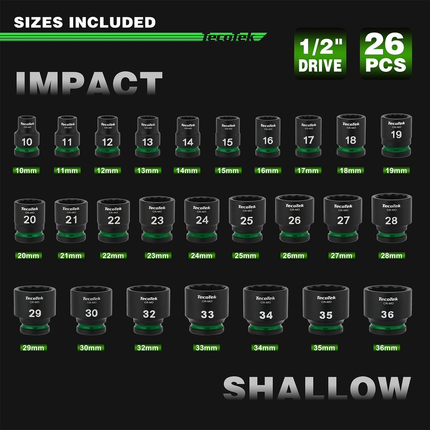 TecoTek 26 Pieces 1/2-Inch Drive Shallow 12-Point Metric Impact Socket Set, CR-MO, 10mm to 36mm, Stamped and Ink Filled Size Marking, Heavy Duty Storage Case