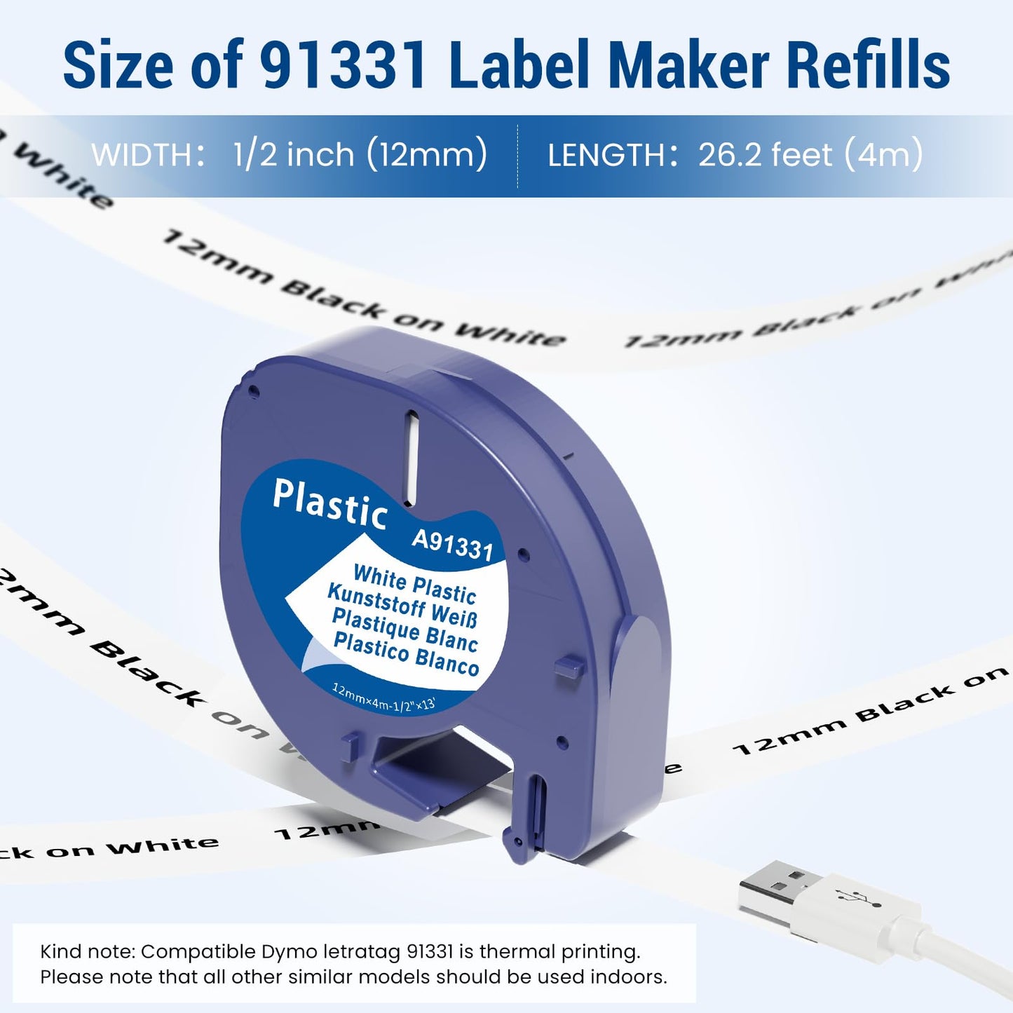 10-Pack 91331 Compatible with Dymo Label Maker Refills LetraTag Plastic LT Label Tape 12mm x 4m Letra Tag Tape for DYMO LT-100H LT-100T Plus QX50 Label Maker, Black on White, 1/2 inch x 13 feet