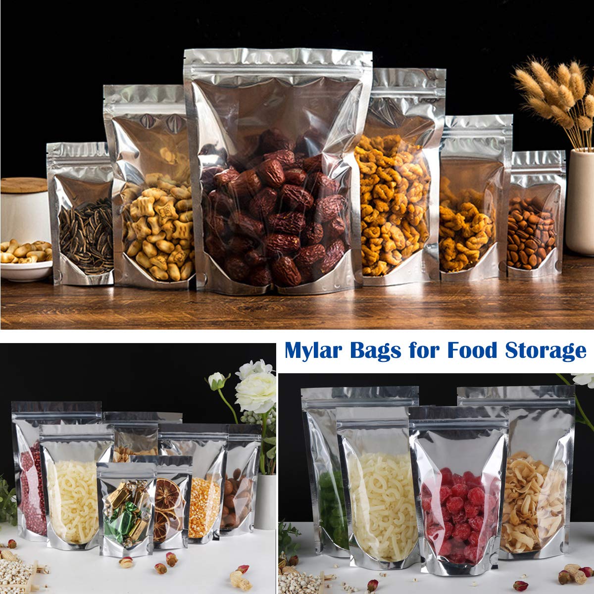100-Pack Large Reclosable Mylar Bags for Food Storage 7" x 10" Stand Up Bags in Bulk 1 Quart Large Resealable Smell Proof Aluminum Foil Bags with Clear Window Kitchen Storage Edible Packaging