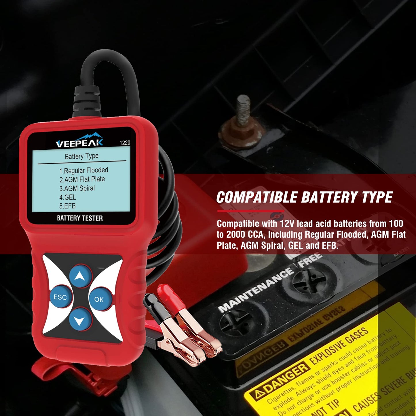 Veepeak 12V Car Battery Tester, Automotive 100-2000 CCA Digital Battery Load Tester Alternator Analyzer Vehicle Charging & Cranking System Testing Tool for Cars, Motorcycles, Boats, ATVs, RVs