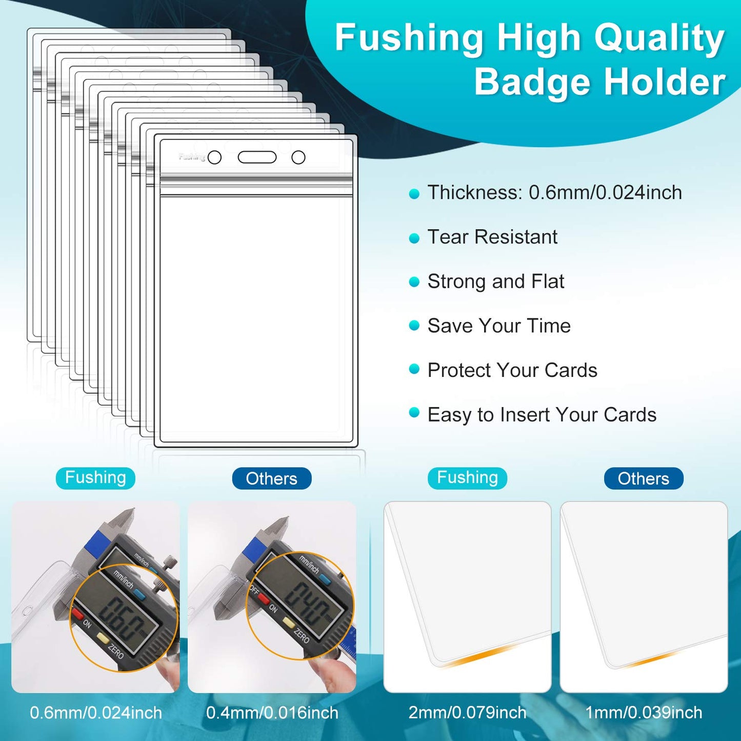 Fushing Pack of 50 Clear Plastic Vertical Badge Holders, Name Tag Holders, Card Holders (XXL)