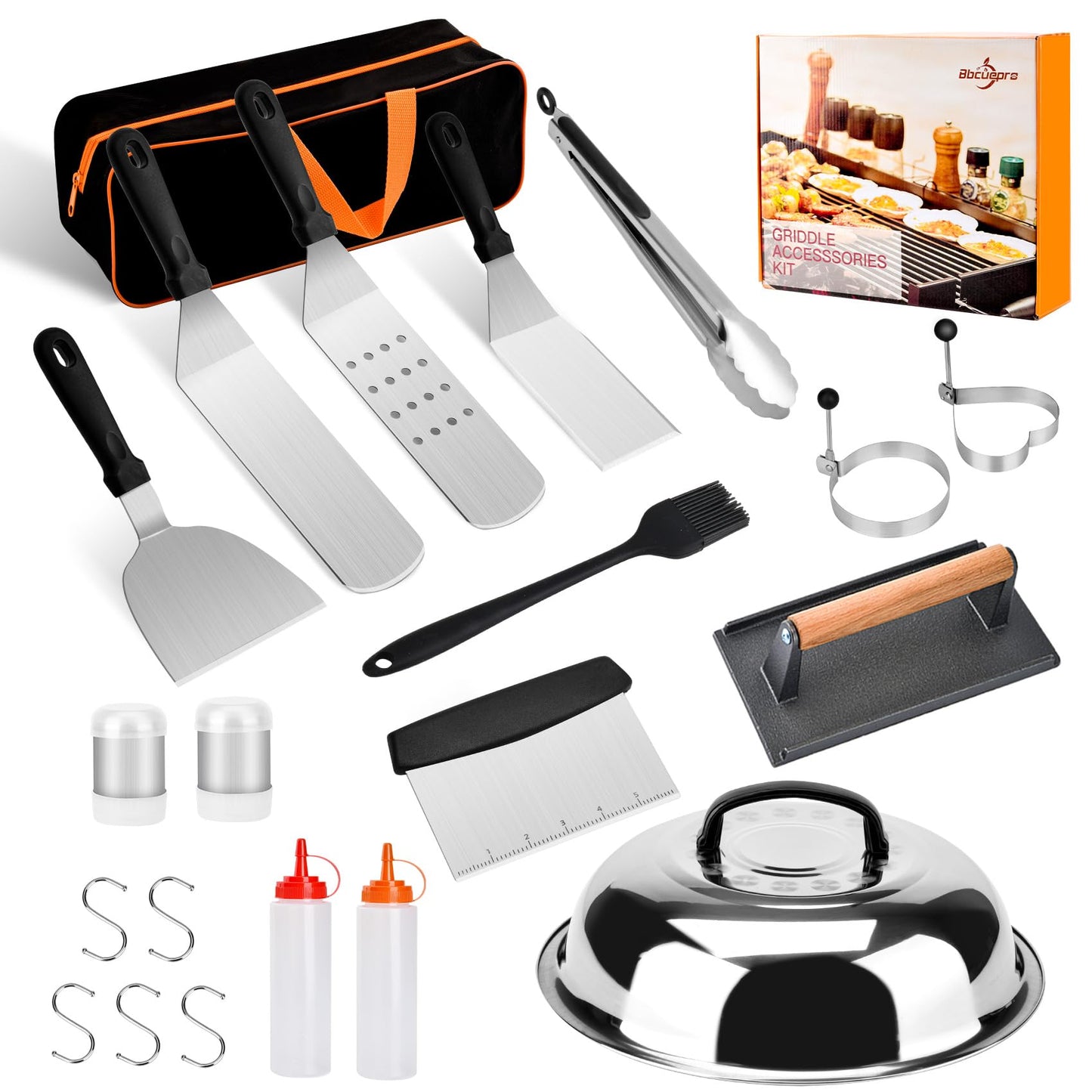 Bbcuepro 21 PCS Griddle Accessories Kit - Stainless Steel Flat Top Grill Spatula Kit for Outdoor Barbecue Teppanyaki Camping Cooking, Blackstone and Camp Chef - Professional Grill BBQ Spatula Set