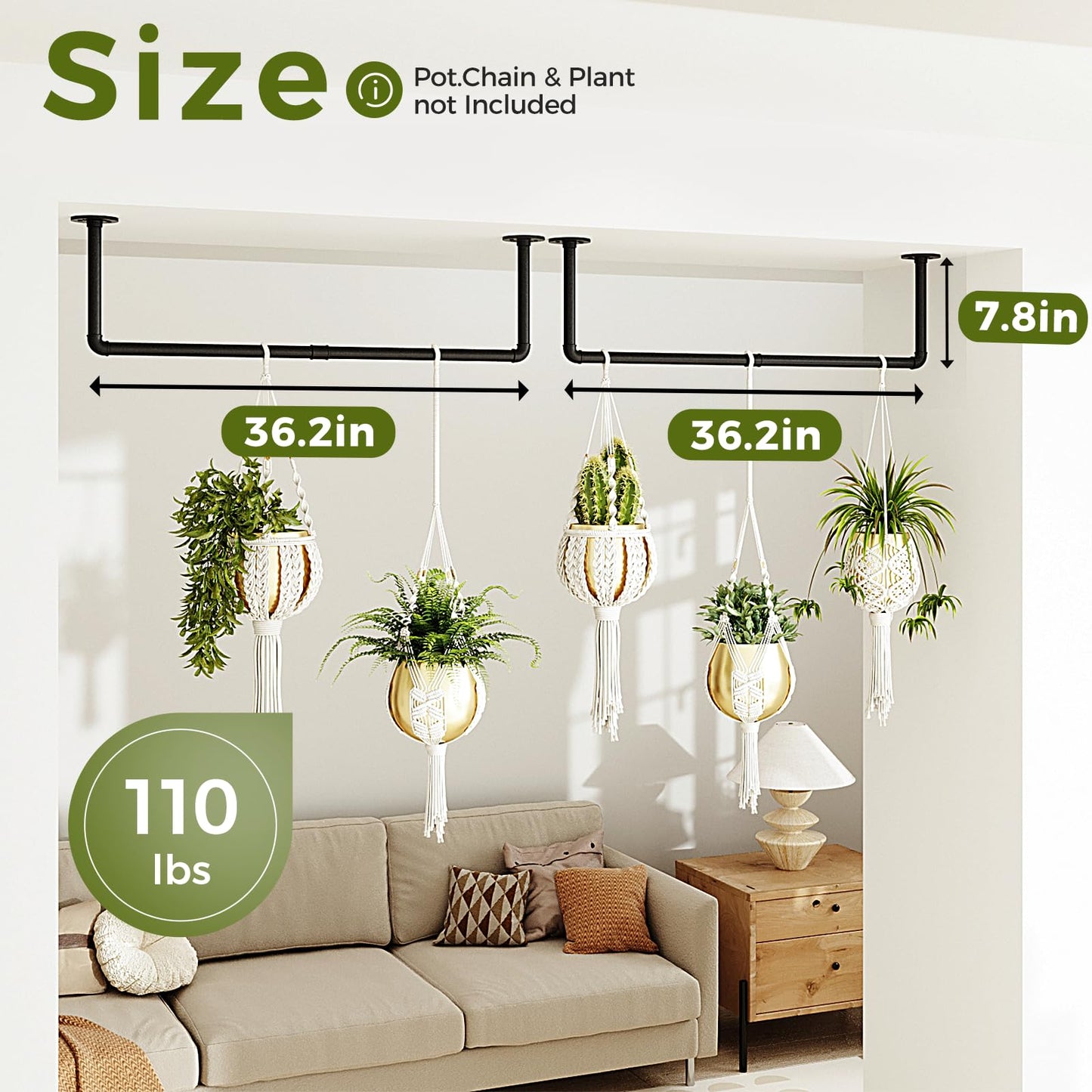 Bamworld Hanging Planters 2PCS for Indoor Plants Hanging Plant Holder Plant Hanger Indoor Ceiling Window Plant Shelves Wall Mount Black Metal Rod(Pot&Plant Not Included)