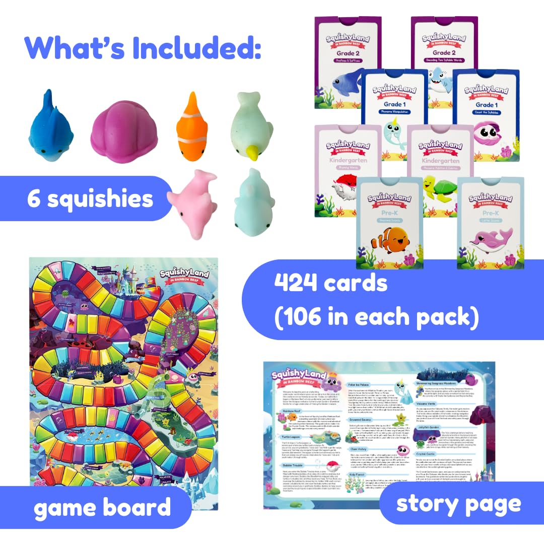 THE FIDGET GAME SquishyLand in Rainbow Reef - Educational & Phonics Learning Activities for Children in Pre-K to 2nd Grade - Mochi Squishy Toys Set with Board Game (2-6 Players) & Card Packs Included
