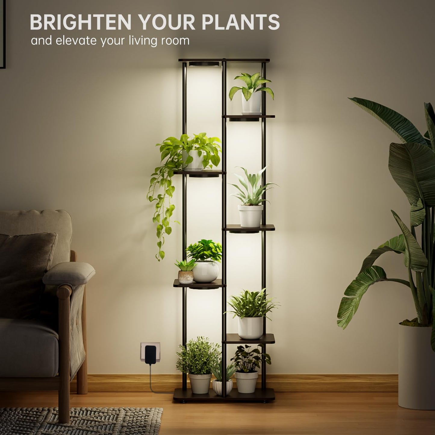 Bstrip Plant Stand Indoor with Grow Lights, 7-Tier Flower Rack, 5-Pack Full Spectrum Lights with Timer, Corner Plant Stand for Indoor Plants, 53" Tall Rectangular Stand for Living Room