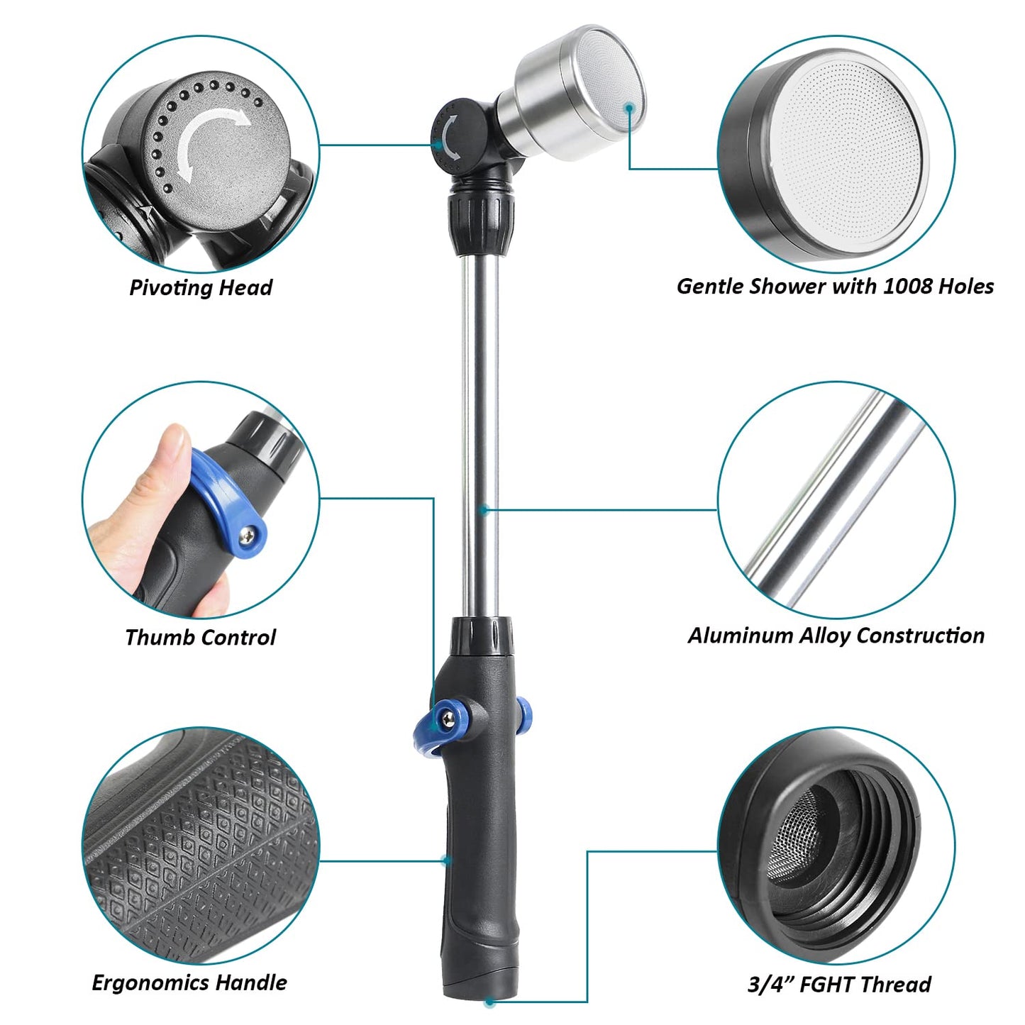 STYDDI Soft Rain Watering Wand with Pivoting Head and Thumb Control, 18 Inches Gentle Classic Raining Wand with Stainless Head, Perfect for Hanging Baskets, Planters, Greenhouses and Seedbed