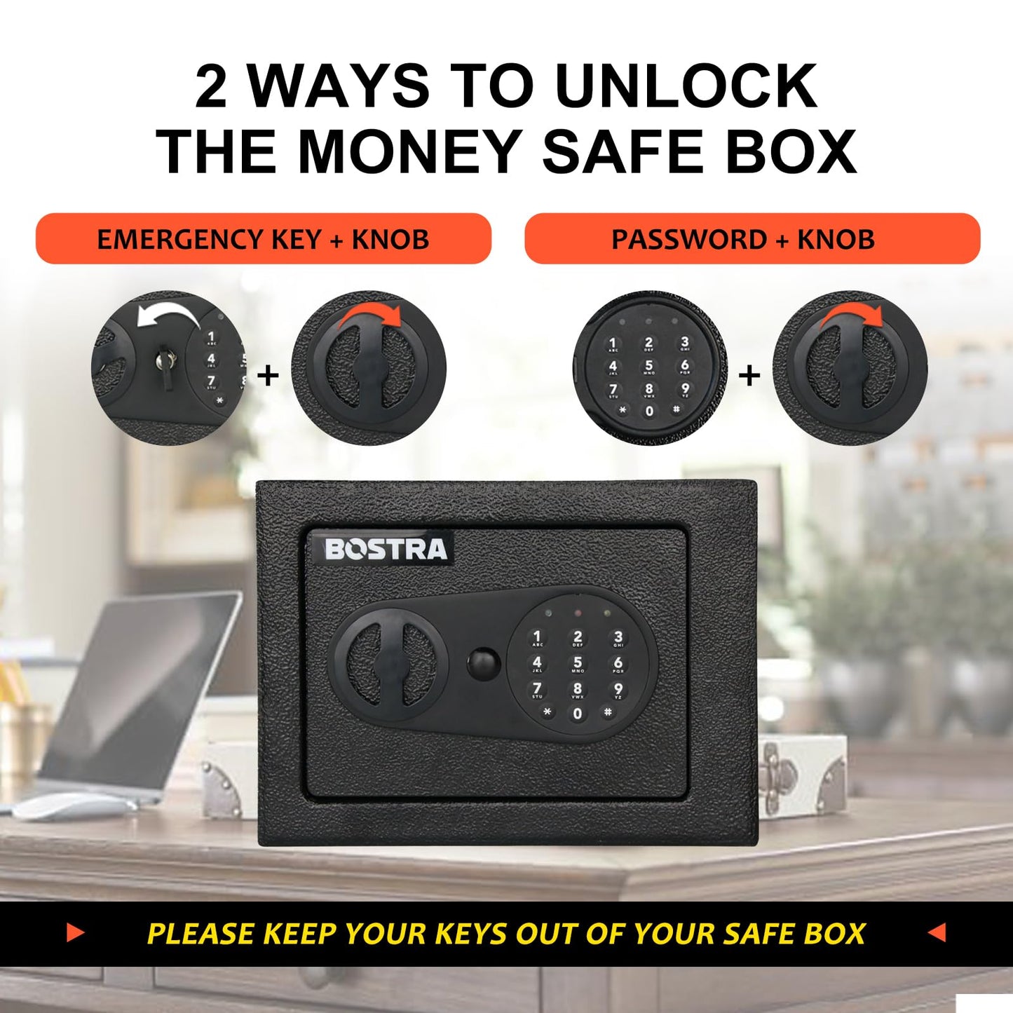 Bostra Fireproof Safe Box with Sensor Light & Fireproof Bag, Money Safe Box with Digital Keypad,Security Safe Box for Home, 0.23 Cubic Small Safe with Keys & Pass Code for Cash Jewelry Black