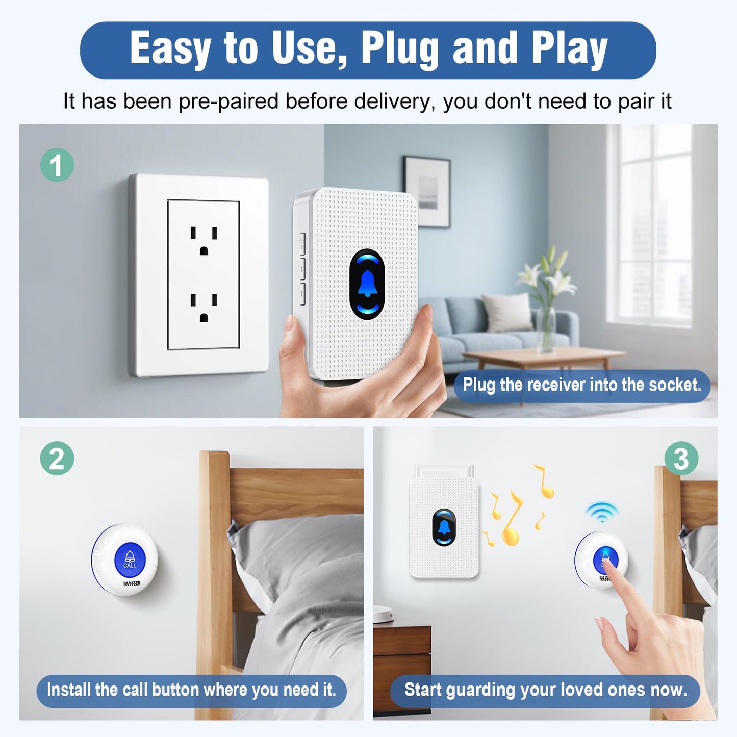 Daytech Caregiver Pager Seniors Alert Button System 500Ft Wireless Emergency Call Button for Elderly/Disabled/Nurse Call, 1 Receiver + 2 Panic Buttons
