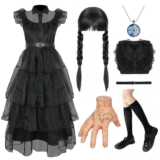 Black Costume Dress for Girls Princess Lace Tulle Skirt with Wig Socks Halloween Cosplay Party Outfit