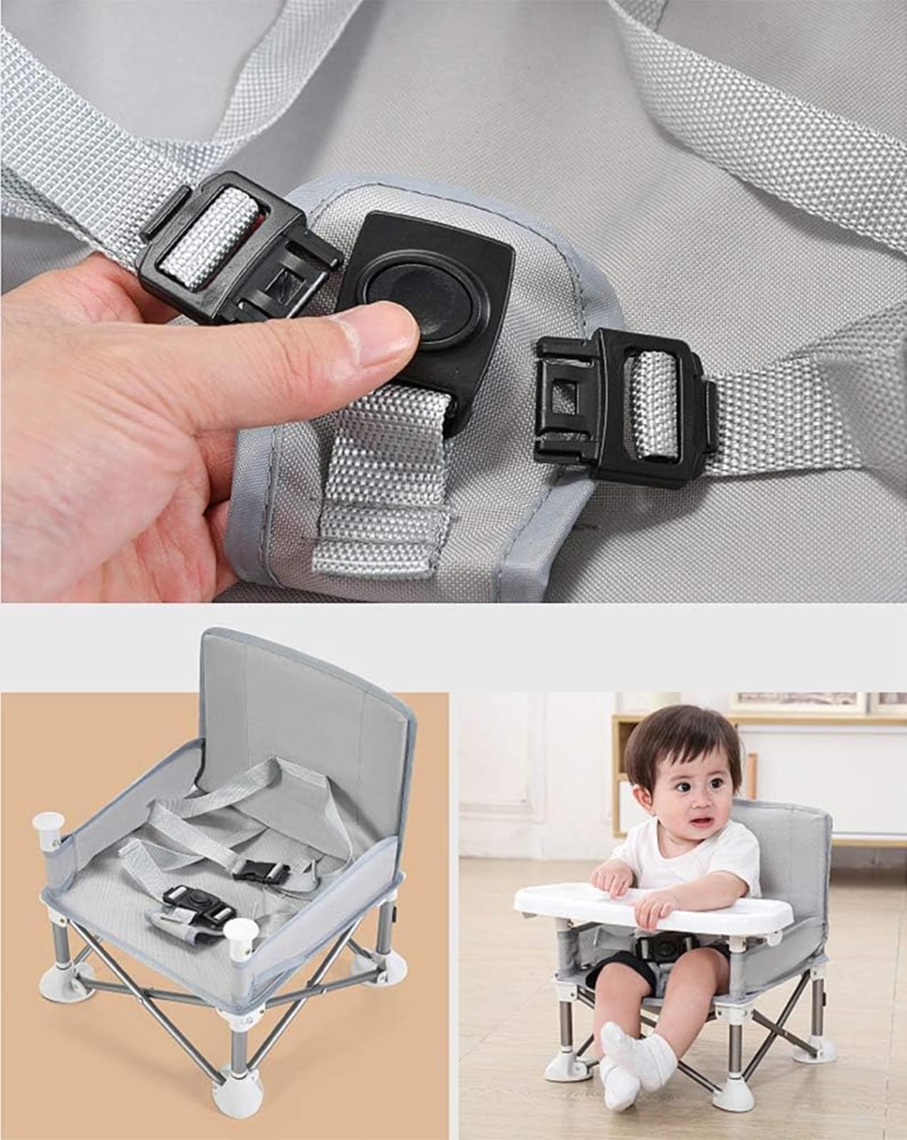 Portable Baby Booster Seat with Removable travel Compact Folding Eating Camping Beach High Chair Baby Seat Floor Seat Indoor Outdoor oddlers Kids Boys Girls (grey)