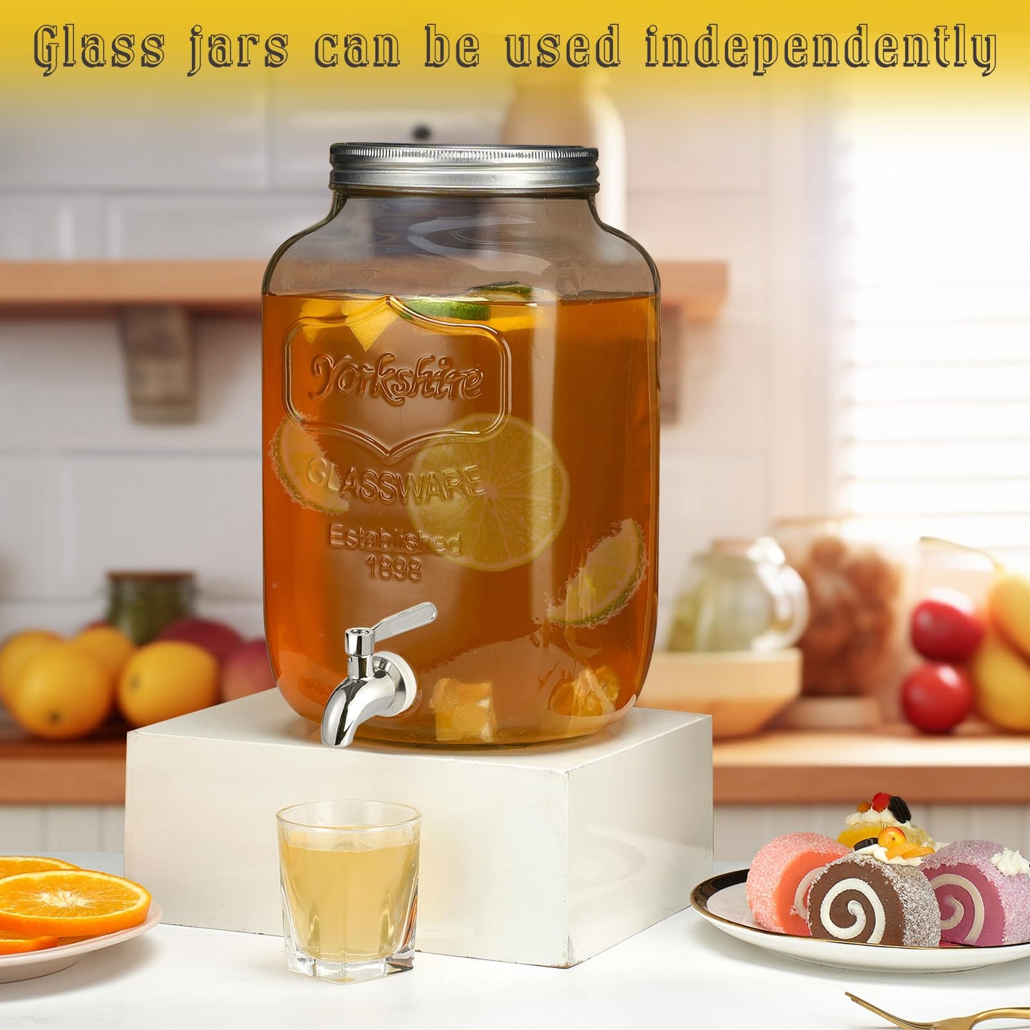 2 Gallon Glass Beverage Dispenser with Stand and Lid, Stainless Steel Leakproof Spigot- 100% Leakproof Glass Drink Dispensers for Parties, Weddings