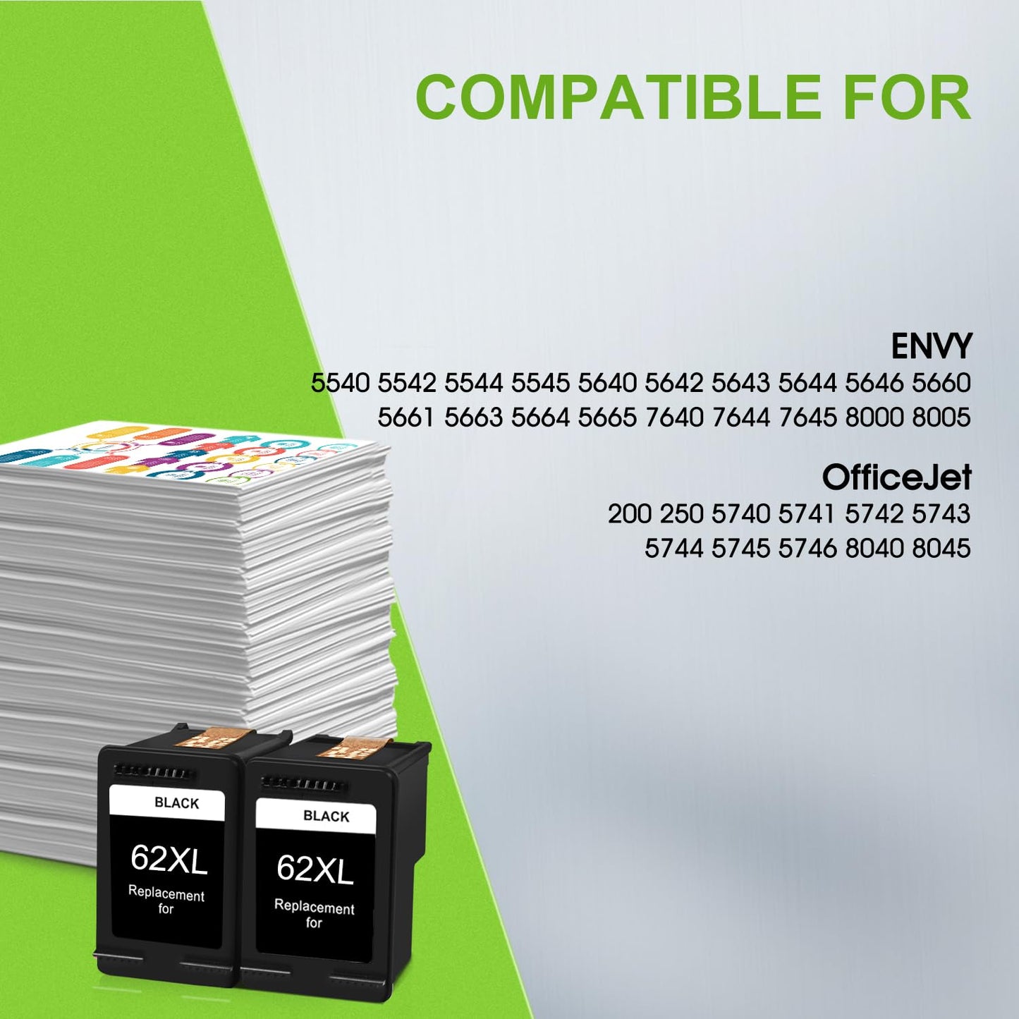 62XL High-Yield | Replacement for HP 62 XL Black Ink Cartridge Work with DeskJet 2622 2624 2652 2655 3720 3752 3755 3721 3722 3723 3758 3730 3732 Envy 5052 5058 5055 Printer (2 Black)