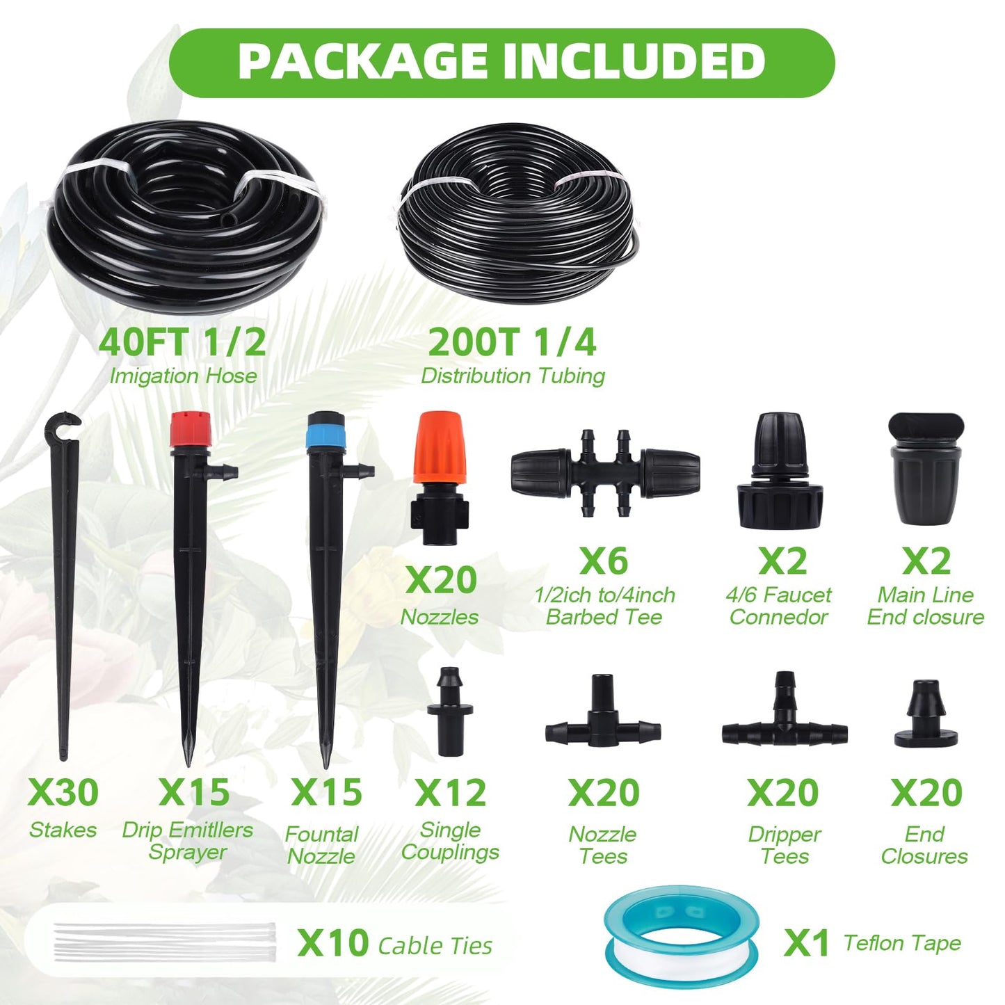 240FT Drip Irrigation System Kit for Garden, Watering System with Adjustable Nozzles, 1/2 & 1/4 inch Tubing Hose, DIY Automatic Mist Cooling for Outdoor Lawn, Patio, Greenhouse Flower Beds Lawn Grass