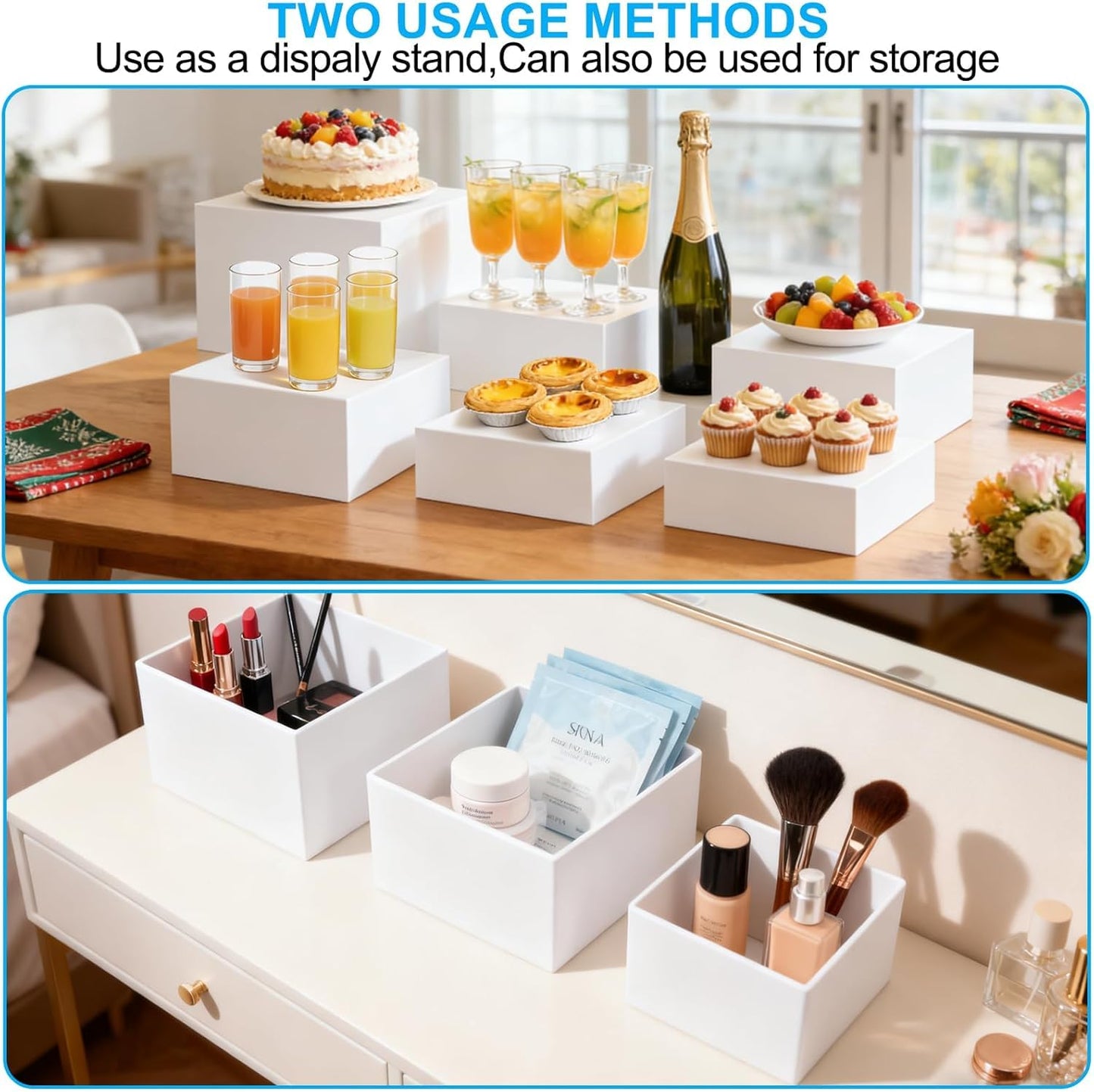 6 Pcs Acrylic Buffet Risers, 3x4x5x6x7x8 Inch Food Risers for Buffet Table, Catering Dessert Cake Holder for Party, Collectibles Jewelry Display Shelf, Stackable Cube Boxes Display with Hollow Bottoms