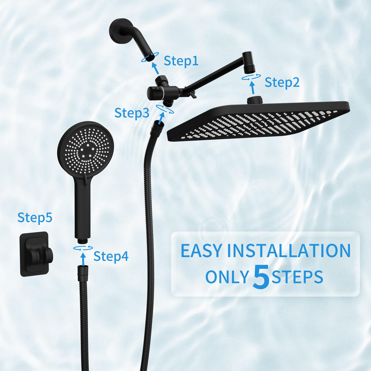 RFOUO 11 Inch Rain Shower Head with Handheld, High Pressure Dual Shower Head Combo with Adjustable Arm, 3-Mode Detachable Handheld Spray with 59 Inch Hose Matte Black