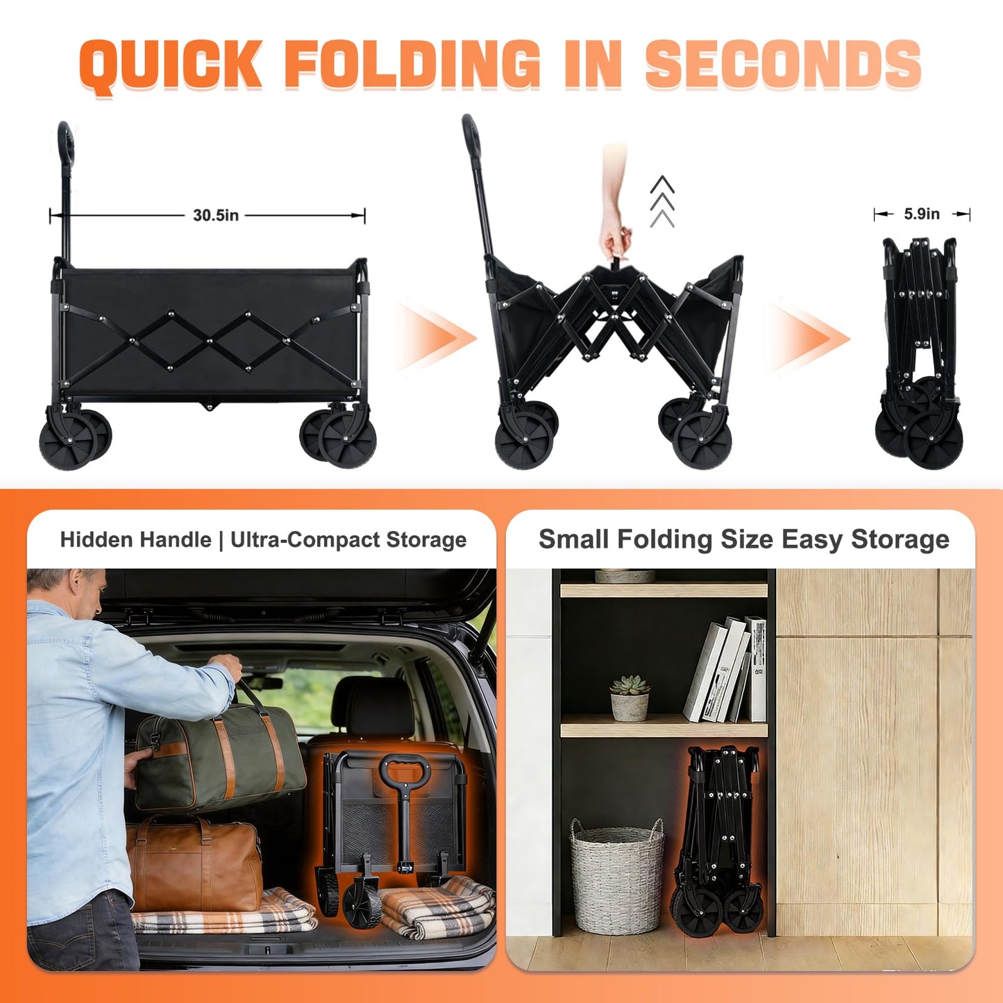 Collapsible Foldable Wagon Cart with Wheels - 220LBS Heavy Duty Utility Cart, Portable Lightweight Folding Wagon with All-Terrain Wheels & 2 Cup Holders for Beach Camping Shopping Grocery Garden