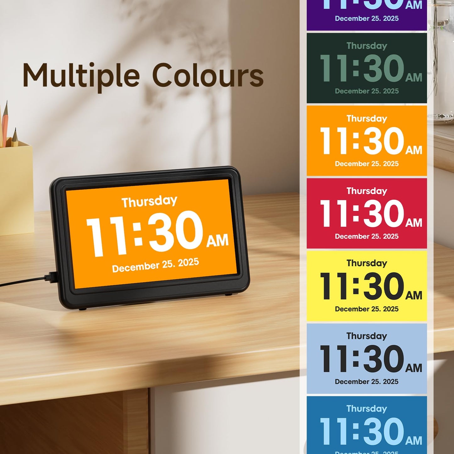 Raynic Date Clock, 7 Inches Digital Calendar Clock with 12 Themes, 20 Alarms, 20 Reminders, Semi-Automatic Dimming, 12/24 Hours, Auto DST for Desktop, Office, Students