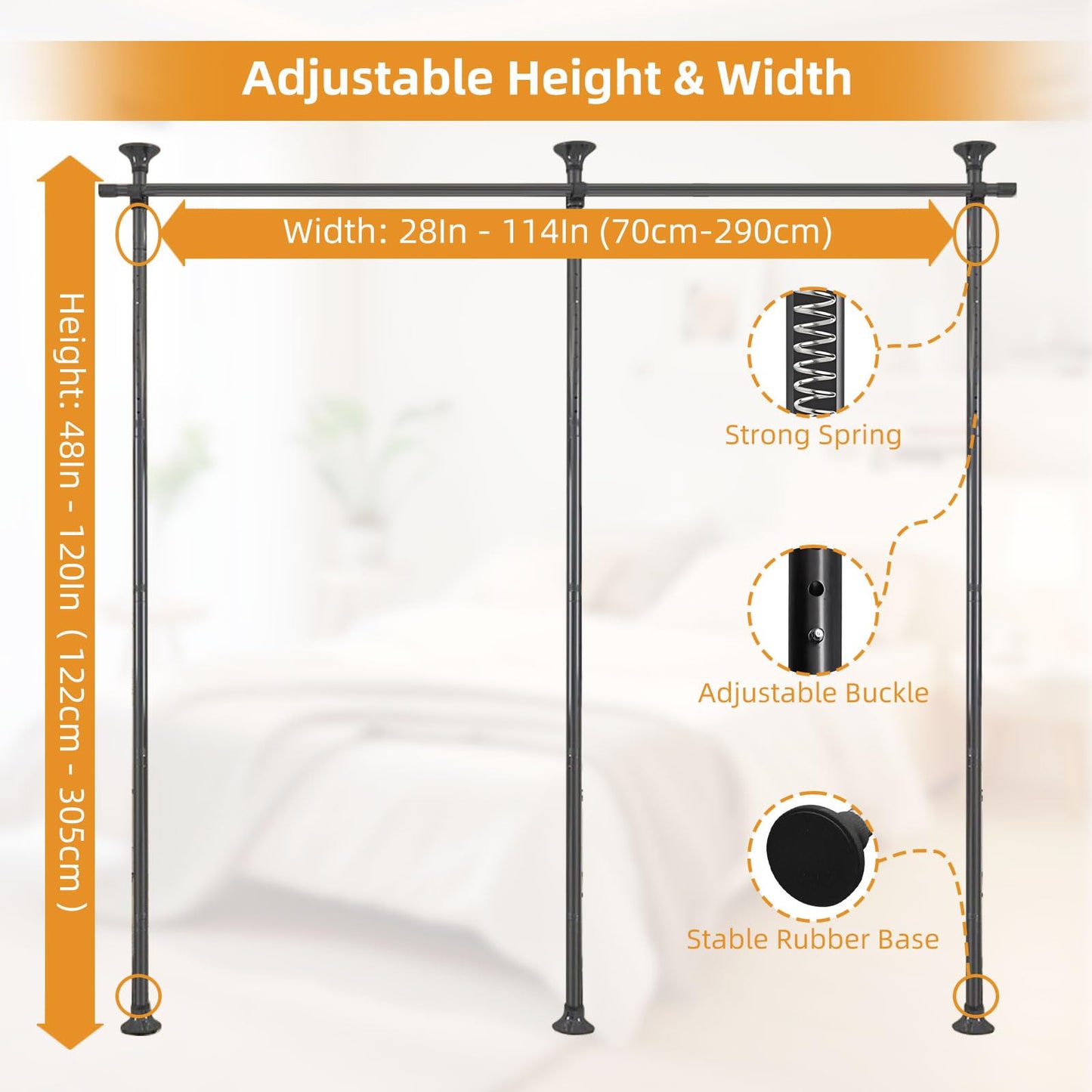 Room Divider Curtain Rod, No Drilling Curtain Rod for Room Separation, Adjustable Heavy Duty Partition Room Divider, Floor to Ceiling Freestanding Wall Divider 4-10ft (H) 28-114inch(W) Black