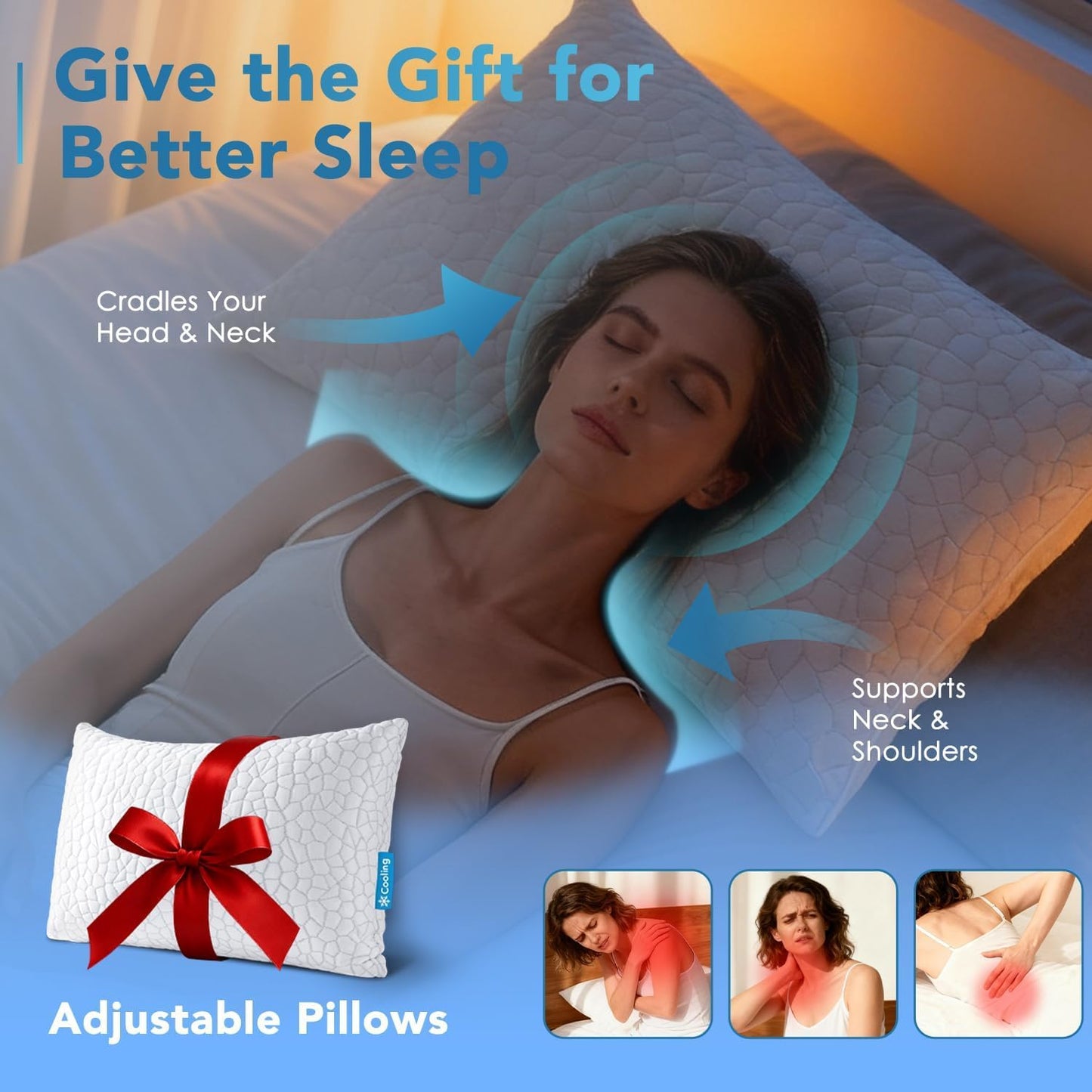 Cooling Memory Foam Pillow for Sleeping, Adjustable Shredded Memory Foam Bed Pillow, Breathable Cooling Fabric Cover, Soft & Supportive Pillow for Side Back Stomach Sleepers, Queen Size 1-Pack
