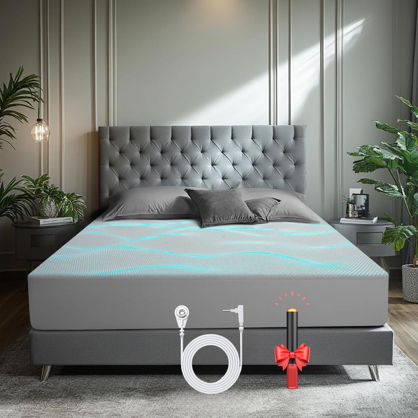 Grounding Bed Sheets, 95% Cotton & 5% Silver Fibers, Reduces Inflammation, Grounding Sheet for Bed with Connect Cord(Gray) (King)