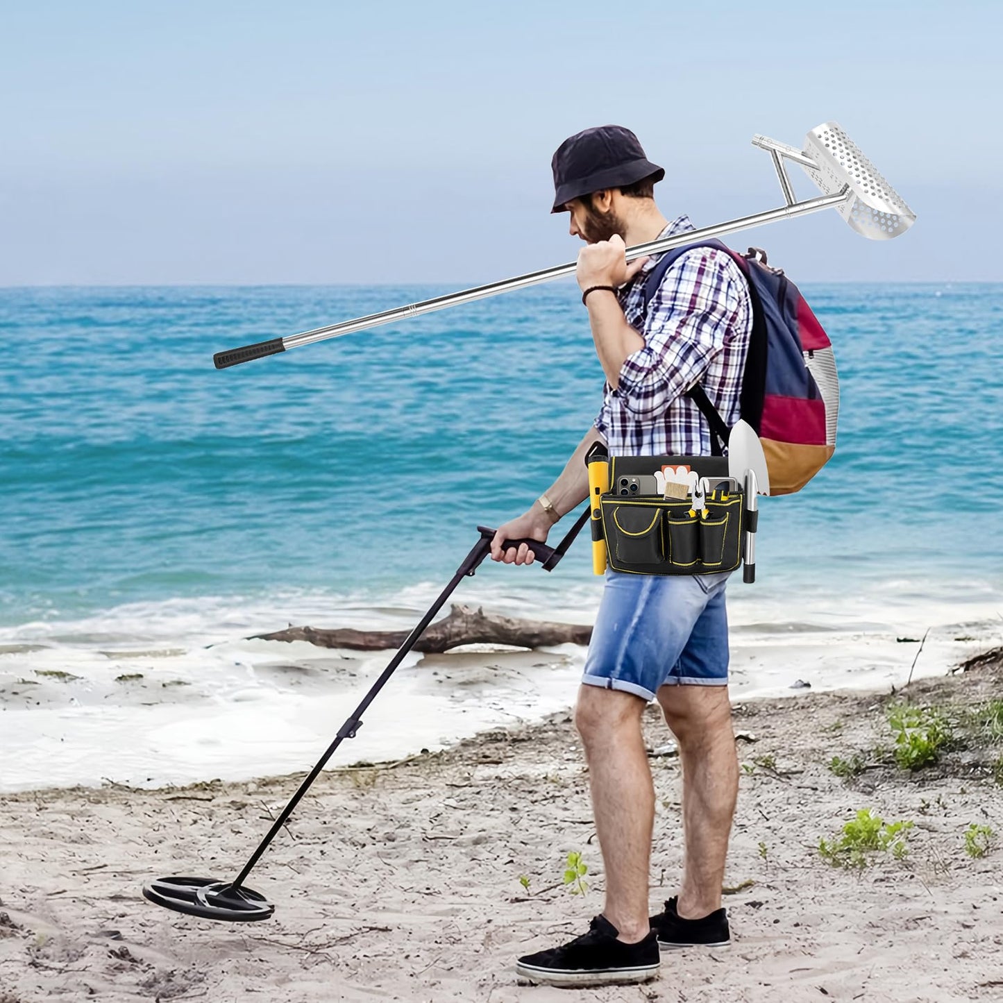 SAN LIKE Sand Scoop for Metal Detecting for Adult,Heavy Duty Metal Detector Scoop, Stainless Steel Beach Shovel,Detecting Tool,T Digging Shovel Fast Sifting Shovel（Bag + Sand Scoop+Sand Shovel）