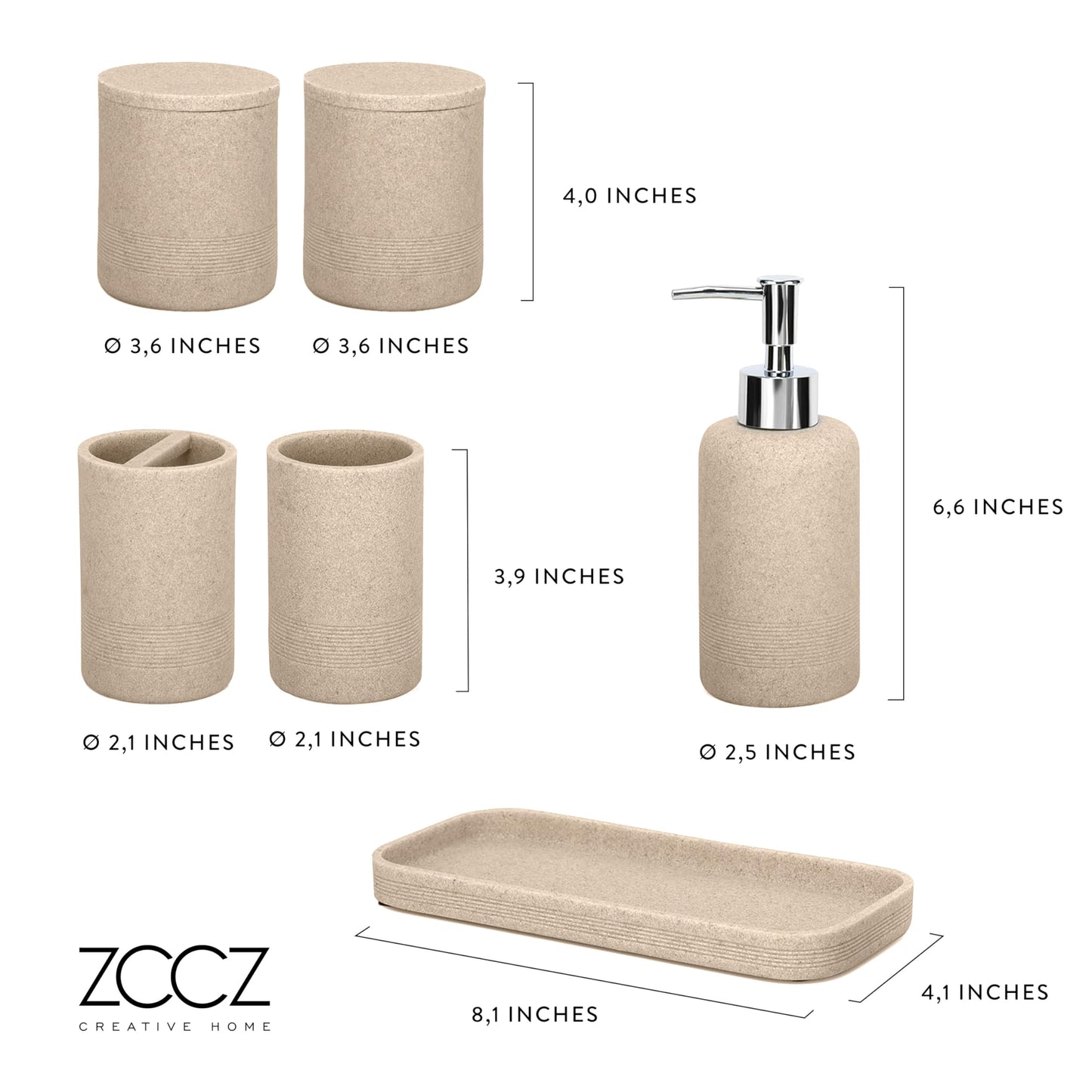 zccz Beige Bathroom Accessory Set 6 Pcs - Soap Dispenser, 2 Qtip Holder Dispenser, Toothbrush Holder, Vanity Tray, Bathroom Tumbler - Decorative Countertop Vanity Organizer - Accessoire Salle De Bain