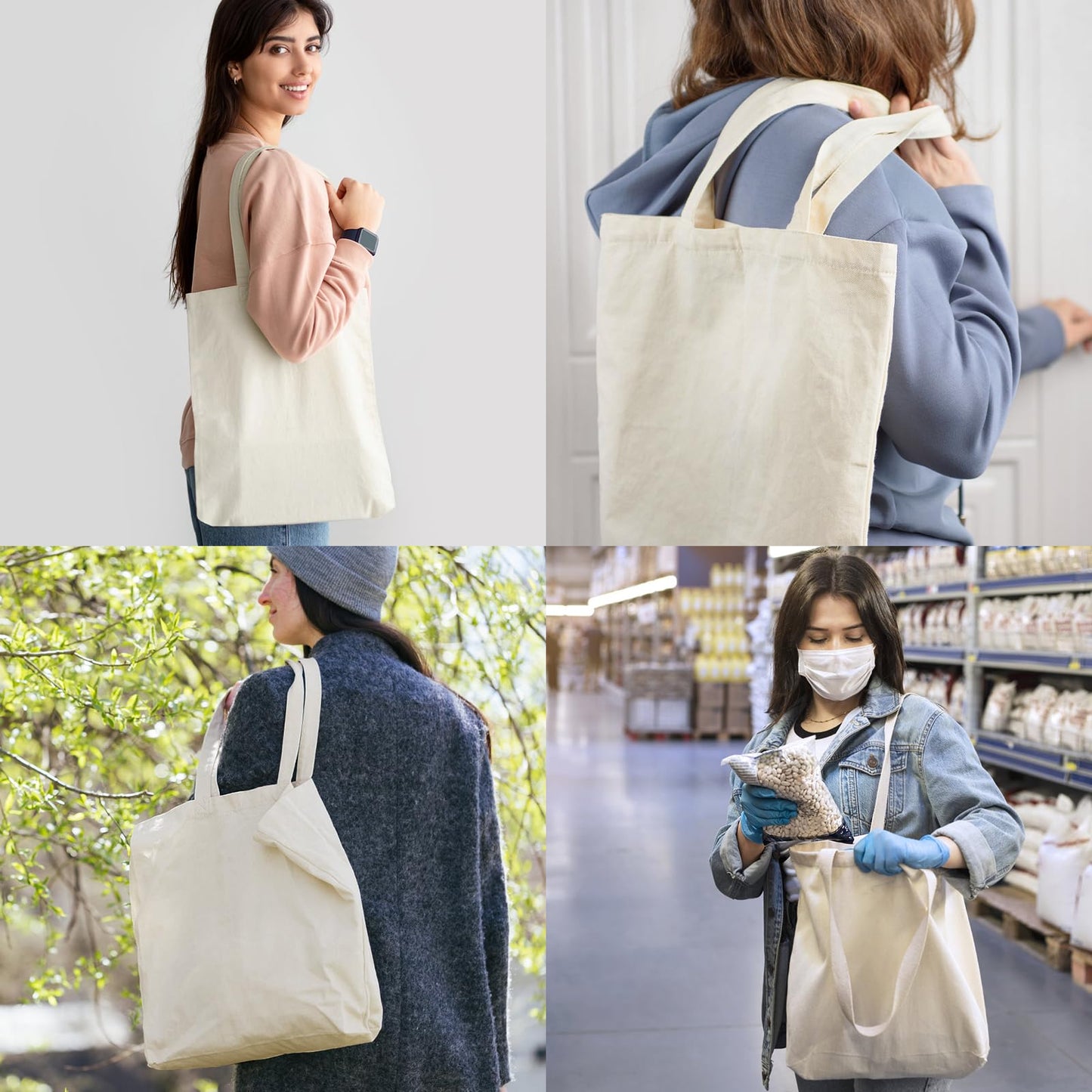 Faylapa 3/5 / 6/12 Pack Canvas Tote Bags,Heavy Duty Reusable Grocery Shopping Bag 13.6"x 15.3" Blank Cotton Bags for DIY (12, Beige)