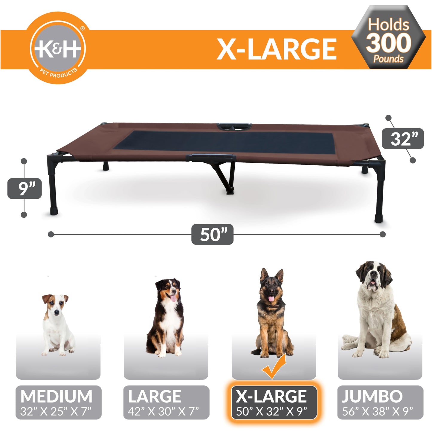 K&H Pet Products Outdoor Elevated Dog Cot, Breathable Cooling Elevated Cot Hammock Pet Bed for XL Dogs, Washable Mesh Cover, Raised Metal Frame, Collapsible, Portable - Extra-Large 50 X 32 Chocolate