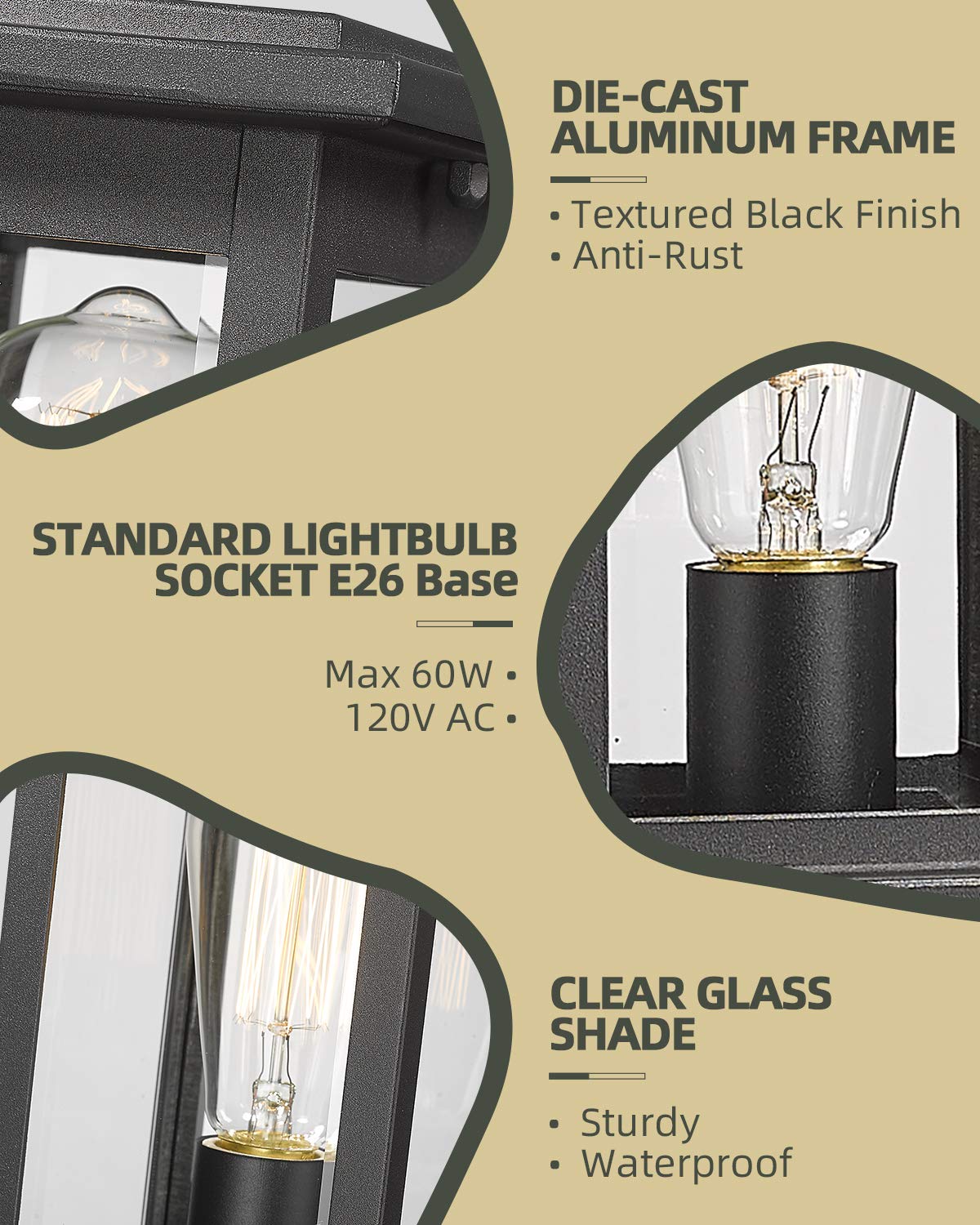 Outdoor Post Light Fixtures, HWH Exterior Pillar Lantern Pole Lamp in Matte Black Finish with Clear Glass Shade, 5HD37P BK