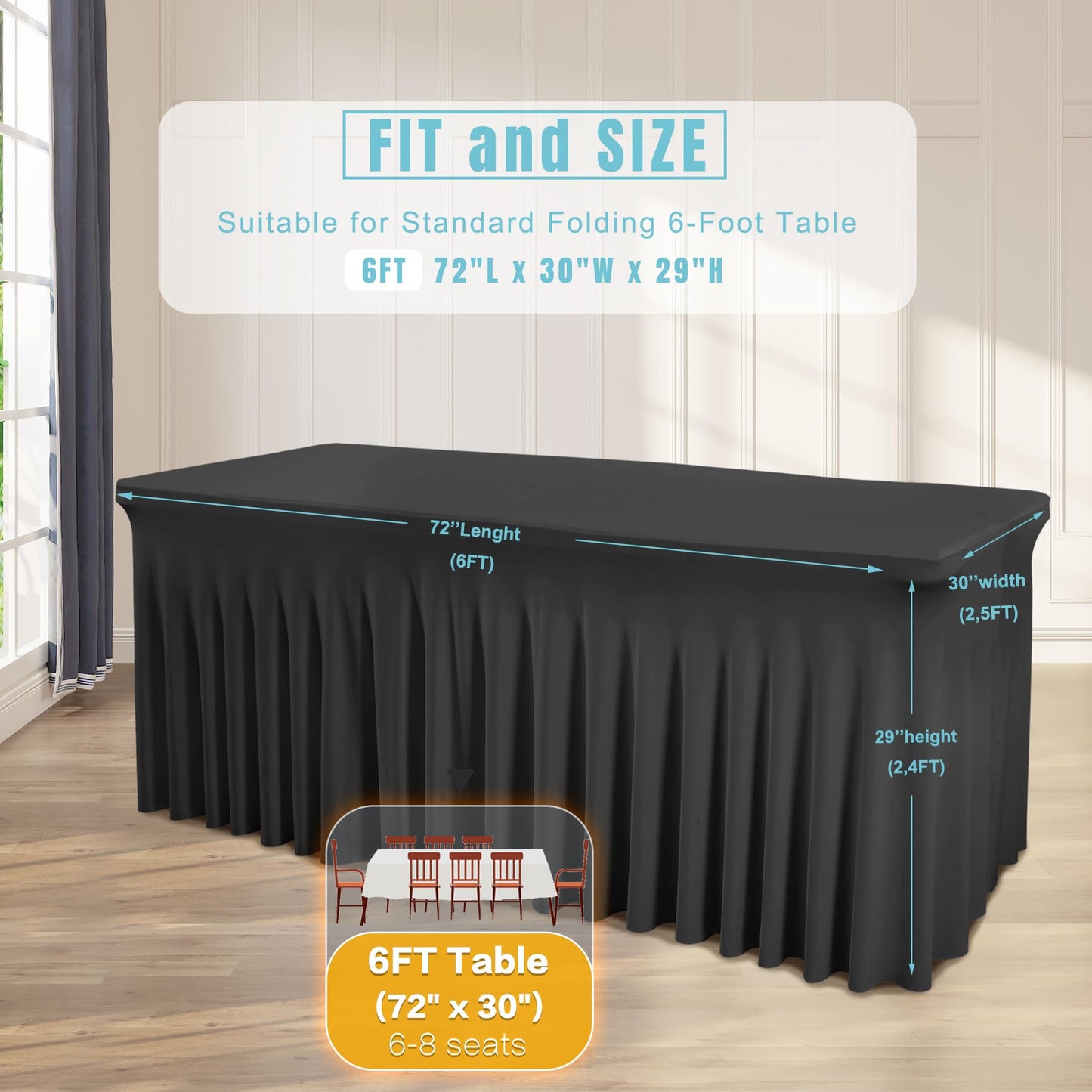 2 Packs Black Table Clothes for 6 Foot Rectangle Tables, One-Piece Wrinkle Resistant Stretch Spandex Table Covers with Skirt for Event Banquet Wedding Birthday Party