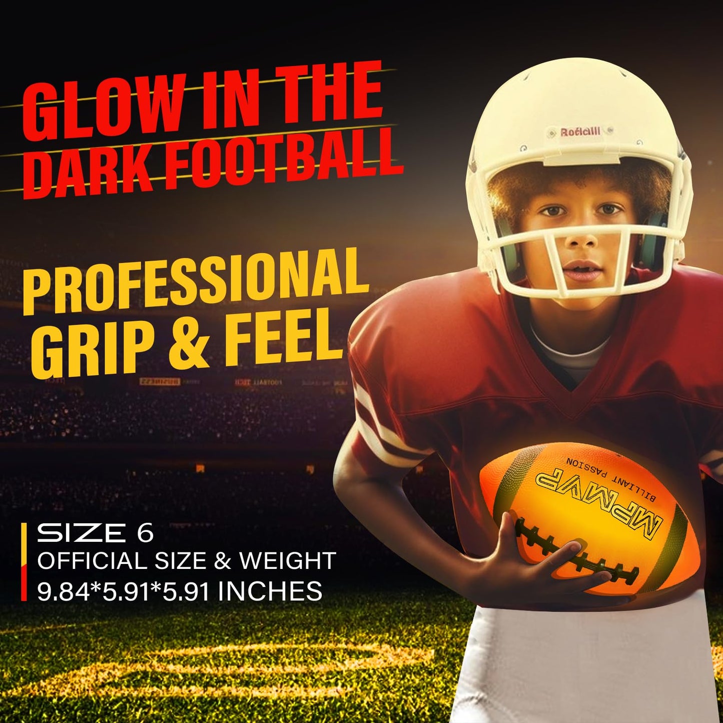 Glow in The Dark Football Junior - Light Up Football LED Size 6 Outdoor Sports Ball Games Teenage Toy 8-12 Yr Old Boys Birthday Gift Kid Teen Youth Cool Stuff Age 8 9 10 11 12 Activity Night Idea