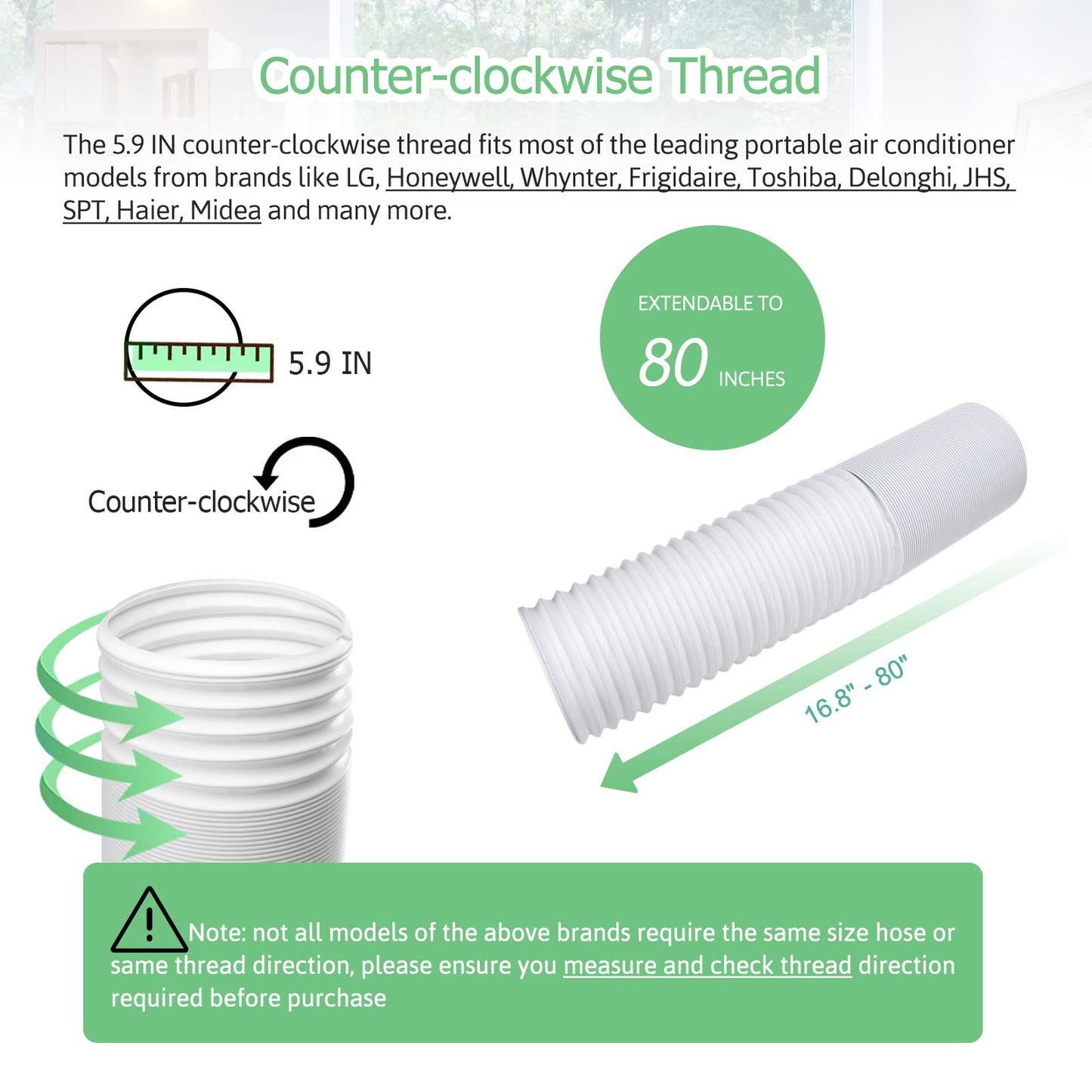 Air Conditioner Exhaust Vent Hose - 5.9 inch Diameter, 80" Length, Universal Counter-Clockwise Thread Air Vent Compatible with Whynter, Frigidaire, LG, Delonghi Toshiba, Delonghi, JHS
