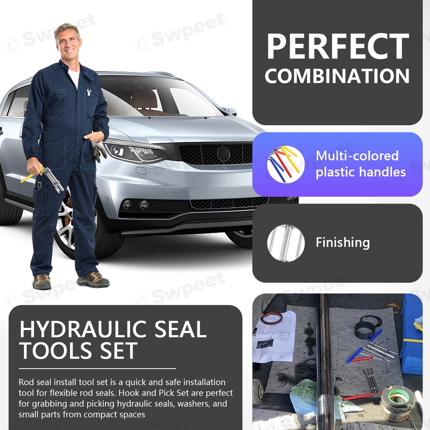 Swpeet 5Pcs Hydraulic Seal Installation Tool Hydraulic Cylinder Piston Repair Seal Tools U-Cup Rod Seal Twister Installation Tool with Pick and Hook Kit O-Rings Install Tool Set for Automotive（S/M/L）