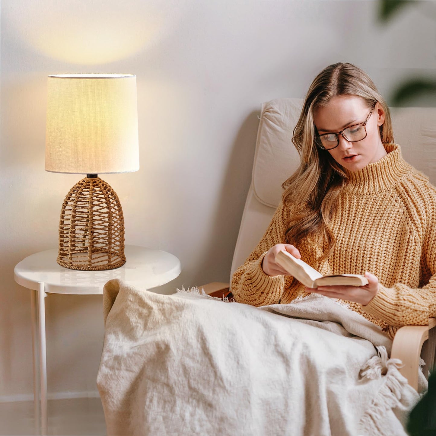 EJIAXIN Rattan Lamp Boho Lamps Set of 2 - Mini Farmhouse Table Lamp Rustic End Table Decorative Small Lamps for Small Spaces Bedroom Nightstand Living Room Reading Desk Side Table Lamp