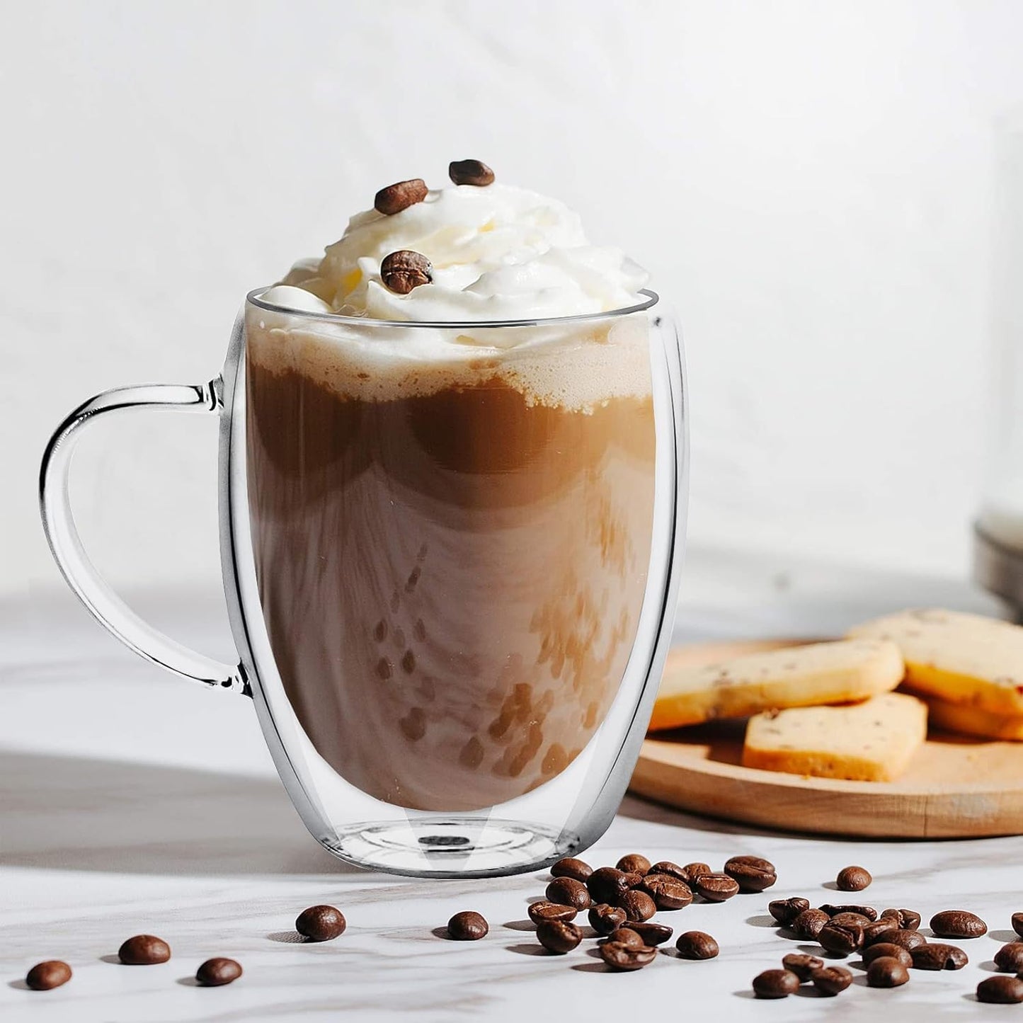 Double Wall Glass Coffee Mugs Glass Mug with Handles Double Wall Cappuccino Cups, 12oz of Set 4 Coffee Tea Mugs, Clear Glasses with Handle