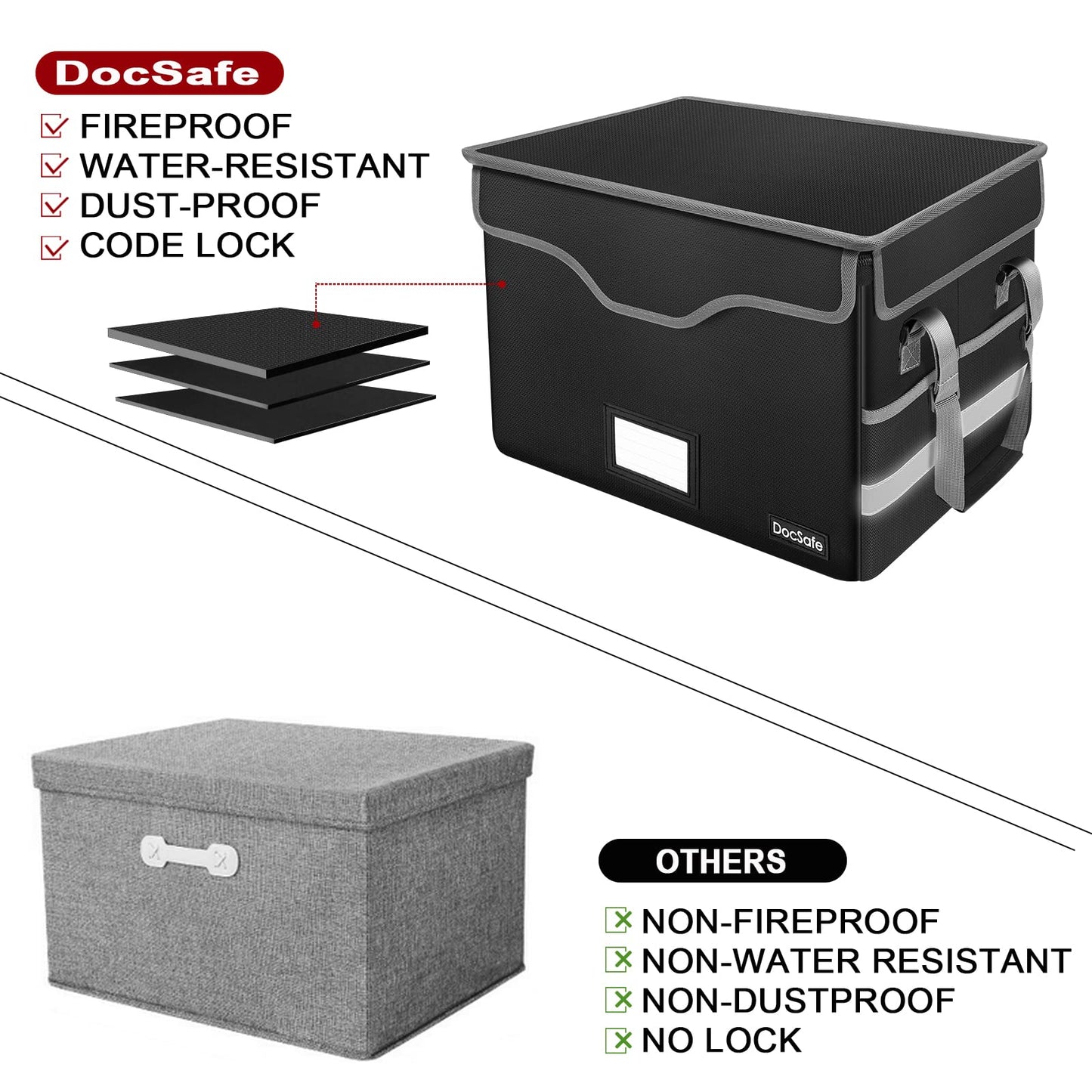 DocSafe Fireproof Document Box with Lock, File Storage Organizer with Mesh Pockets, Collapsible Portable File Box Home Office Safe Filing Cabinet with Handle for Hanging Letter/Legal Folder, Black