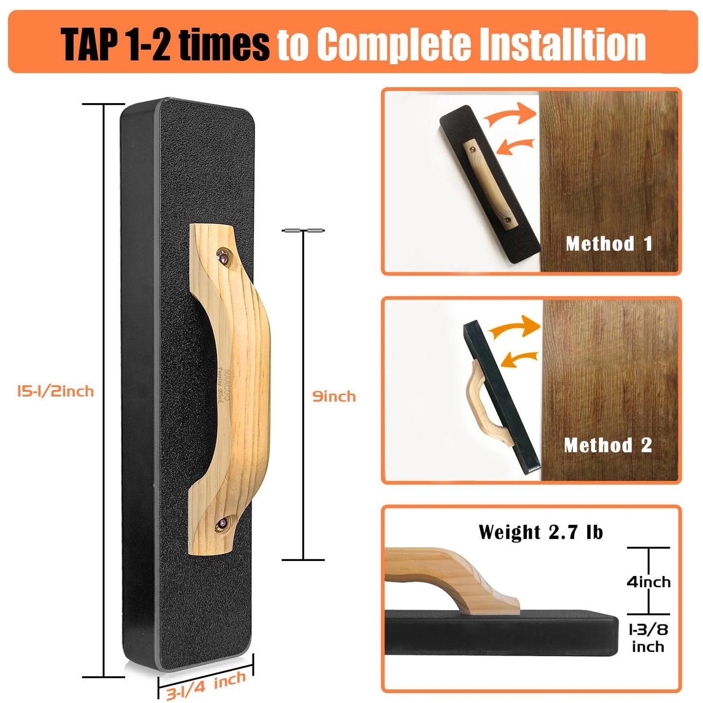 NAACOO Heavy Big Tapping Block, 2.7lbs | 15-1/2in, Direct Floor Tapping, HDPE Material, Wooden Handle, Joins Wooden Floors