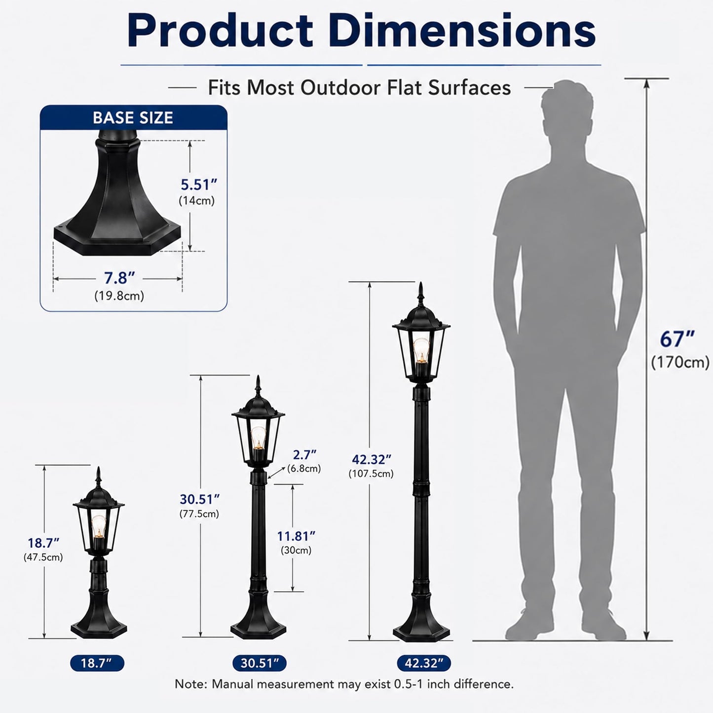42" Outdoor Post Light Fixture, Hardwired Black Surface Mount Lamp Post Light with Clear Glass, Adjustable Height Aluminum Outdoor Pole Light, E26 Post Lantern for Yard, Garden, Driveway, Patio