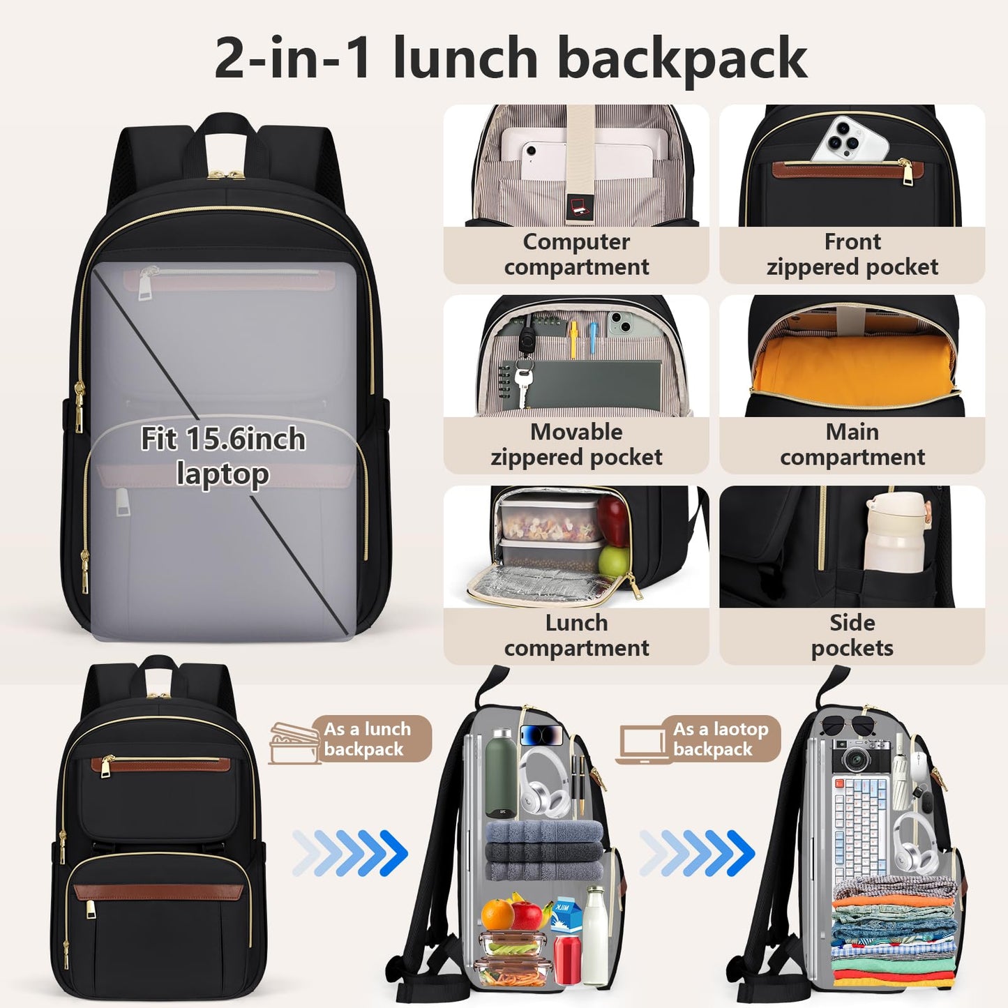 Lunch backpack for Women 15.6 Inch Laptop Backpack With USB Port Travel Backpack With Detachable Bag Work Backpack With Lunch Compartment Water Resistant Computer Backpack for College Business