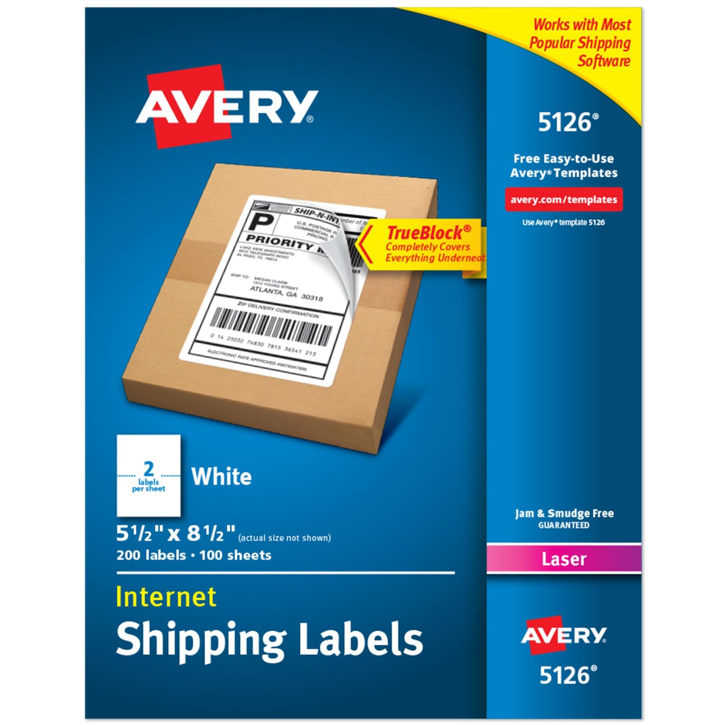 Avery Internet Shipping Labels for Laser Printers with TrueBlock Technology, 5.5 x 8.5 Inches, White, Box of 200 (5126)