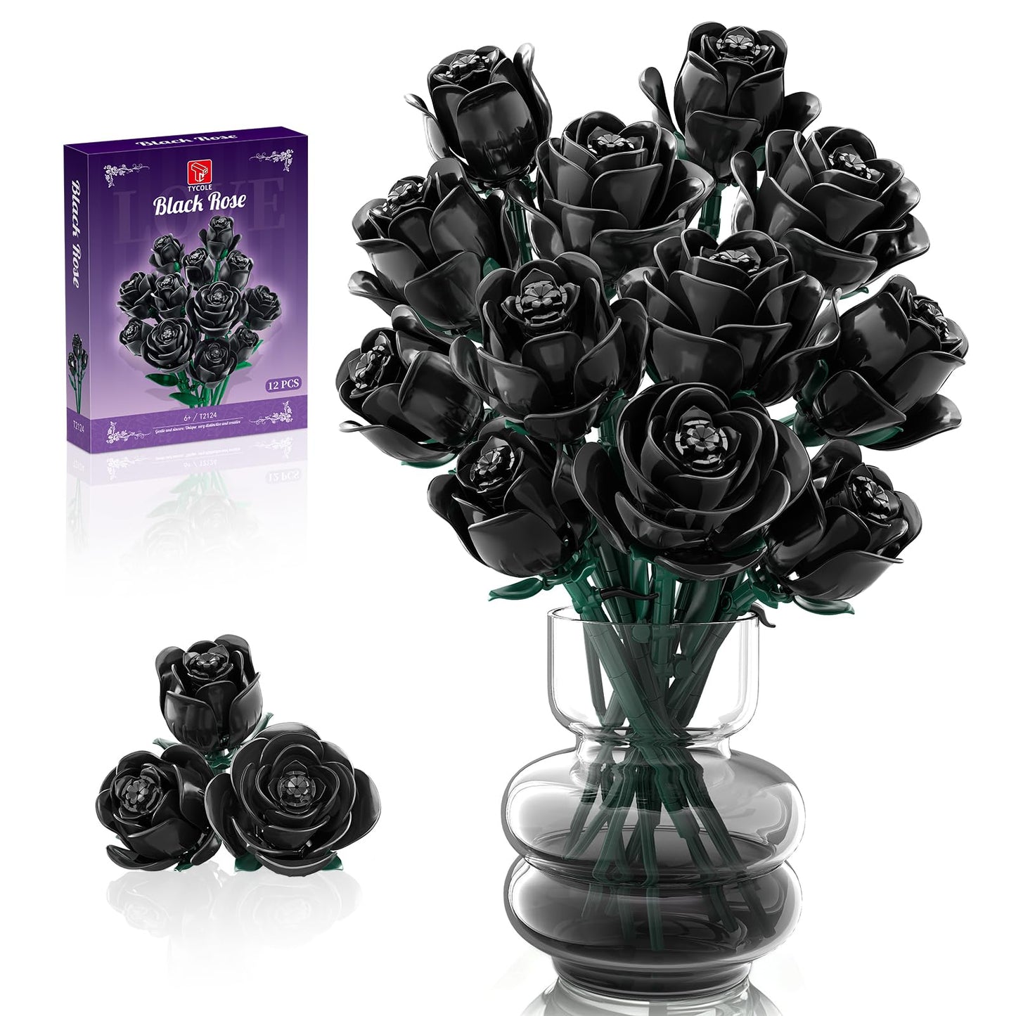 TYCOLE Black Roses Flower Building Set, Halloween Artificial Bouquet Kit Compatible with Legos Bricks - Indoor Plant Decorations for Home & Office - Romantic Gift for Women and Girls 6+