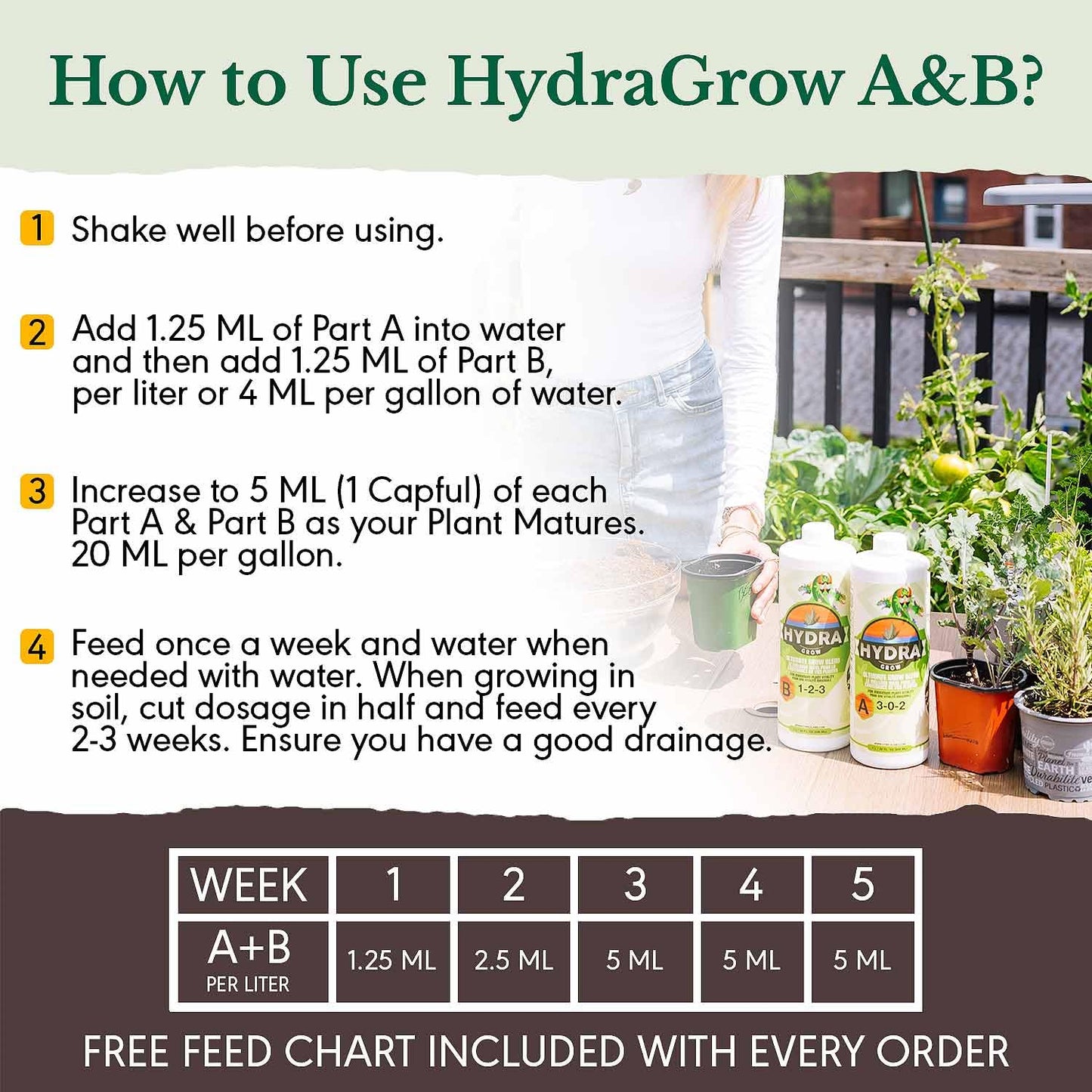 HydraGrow A & B Hydroponic Nutrients - Grow Big Vegetables & Boost Vegetative Growth in All Plants, 2 Part Grow Base Liquid Plant Food for Indoor & Outdoor Gardens 1L / 32oz Set NPK 3-0-2 & 1-2-3